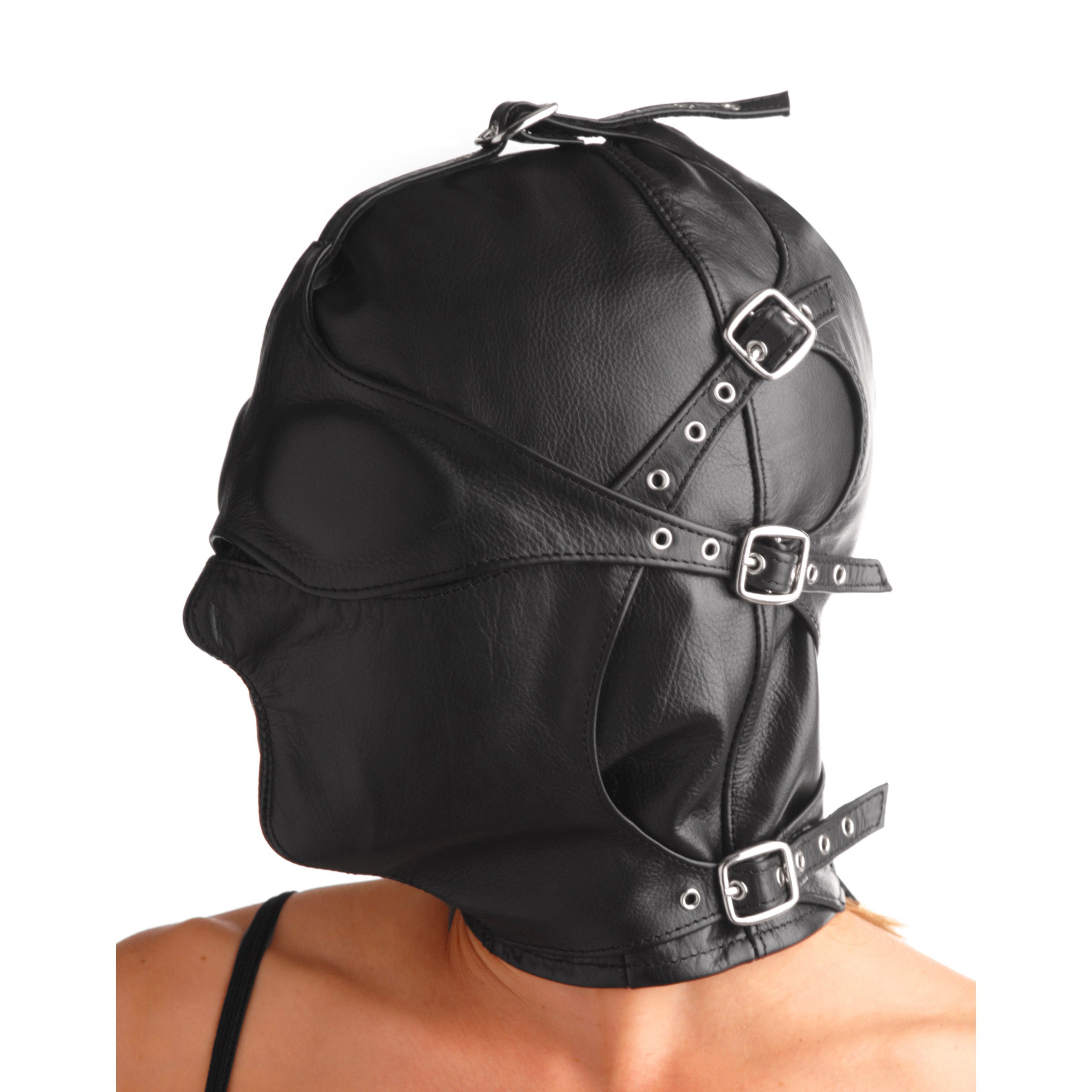Strict Leather Asylum Leather Hood with Removable Blindfold and Muzzle- ML Black