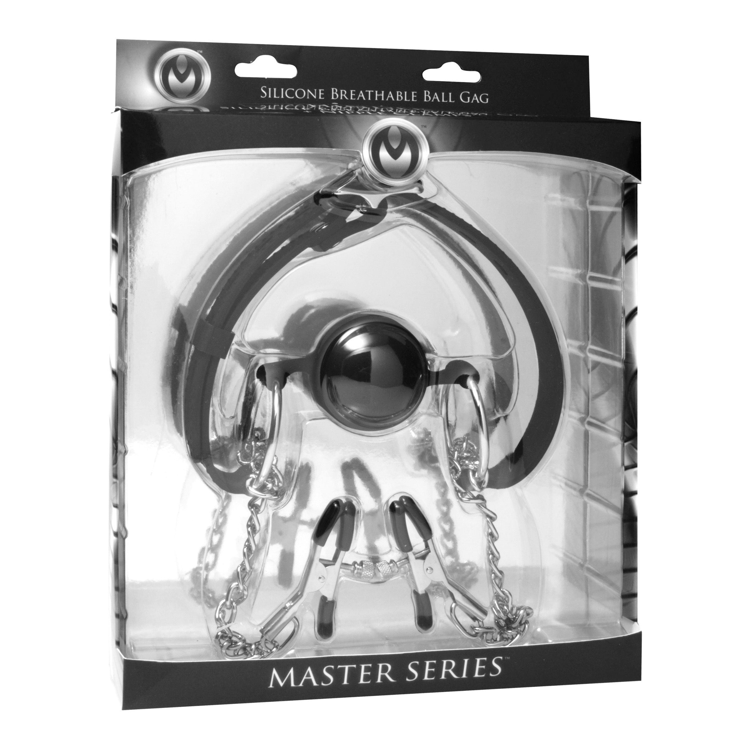 Master Series Hinder Breathable Silicone Ball Gag with Nipple Clamps Black
