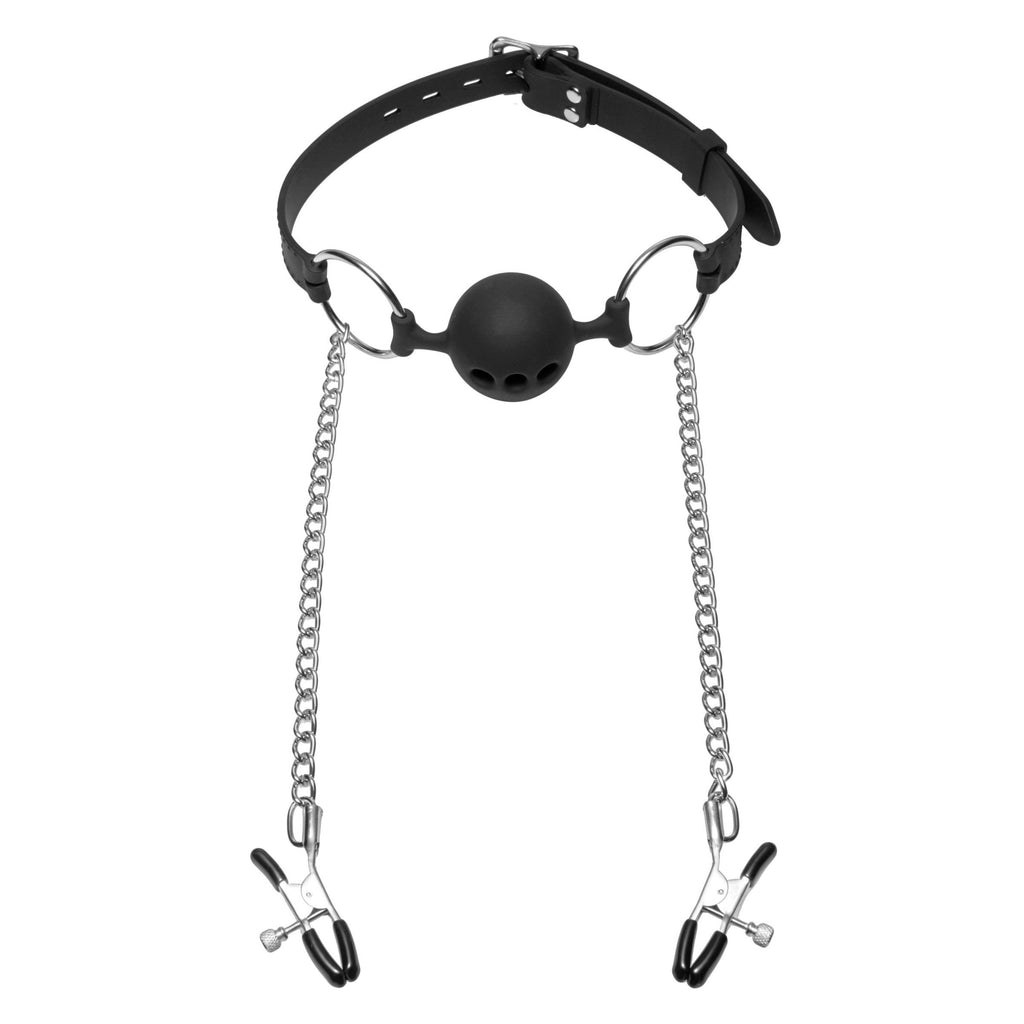 Master Series Hinder Breathable Silicone Ball Gag with Nipple Clamps Black