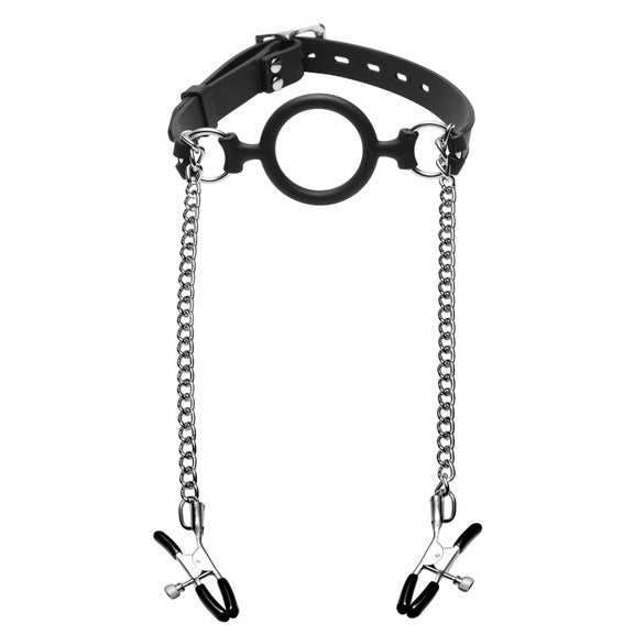 Master Series Mutiny Silicone O-Ring Gag with Nipple Clamps Black