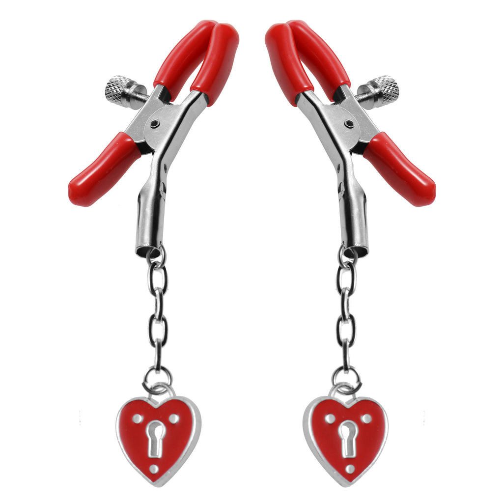 Master Series Captive Heart Padlock Nipple Clamps Red