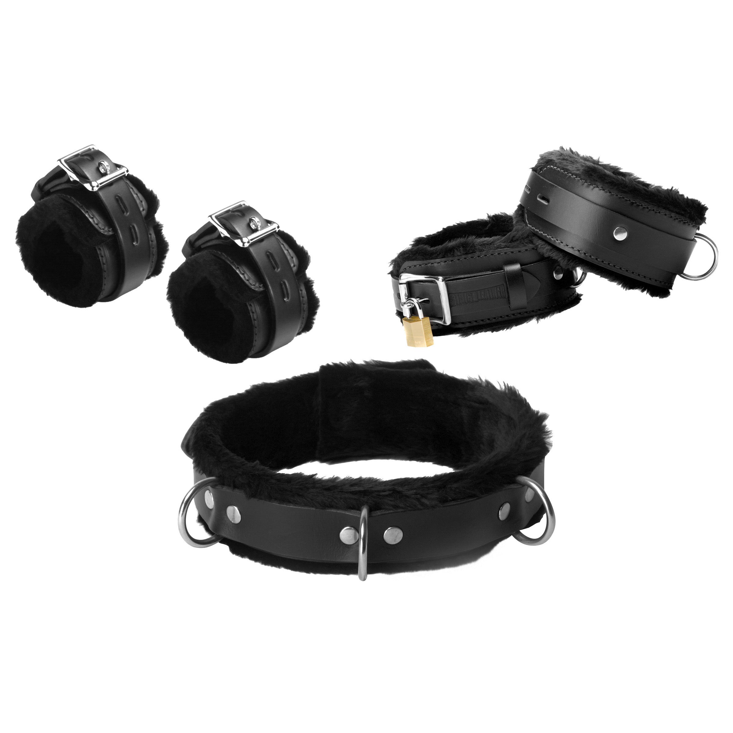 Strict Leather Fur Lined Leather Bondage Essentials Kit Black