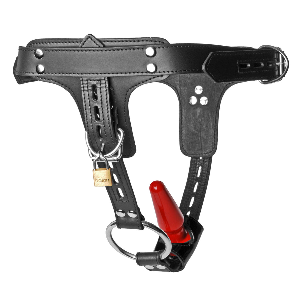 Strict Leather Premium Locking Leather Cock Ring and Anal Plug Harness Black