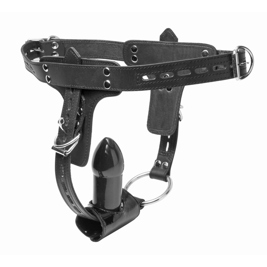 Strict Leather Premium Locking Leather Cock Ring and Anal Plug Harness Black