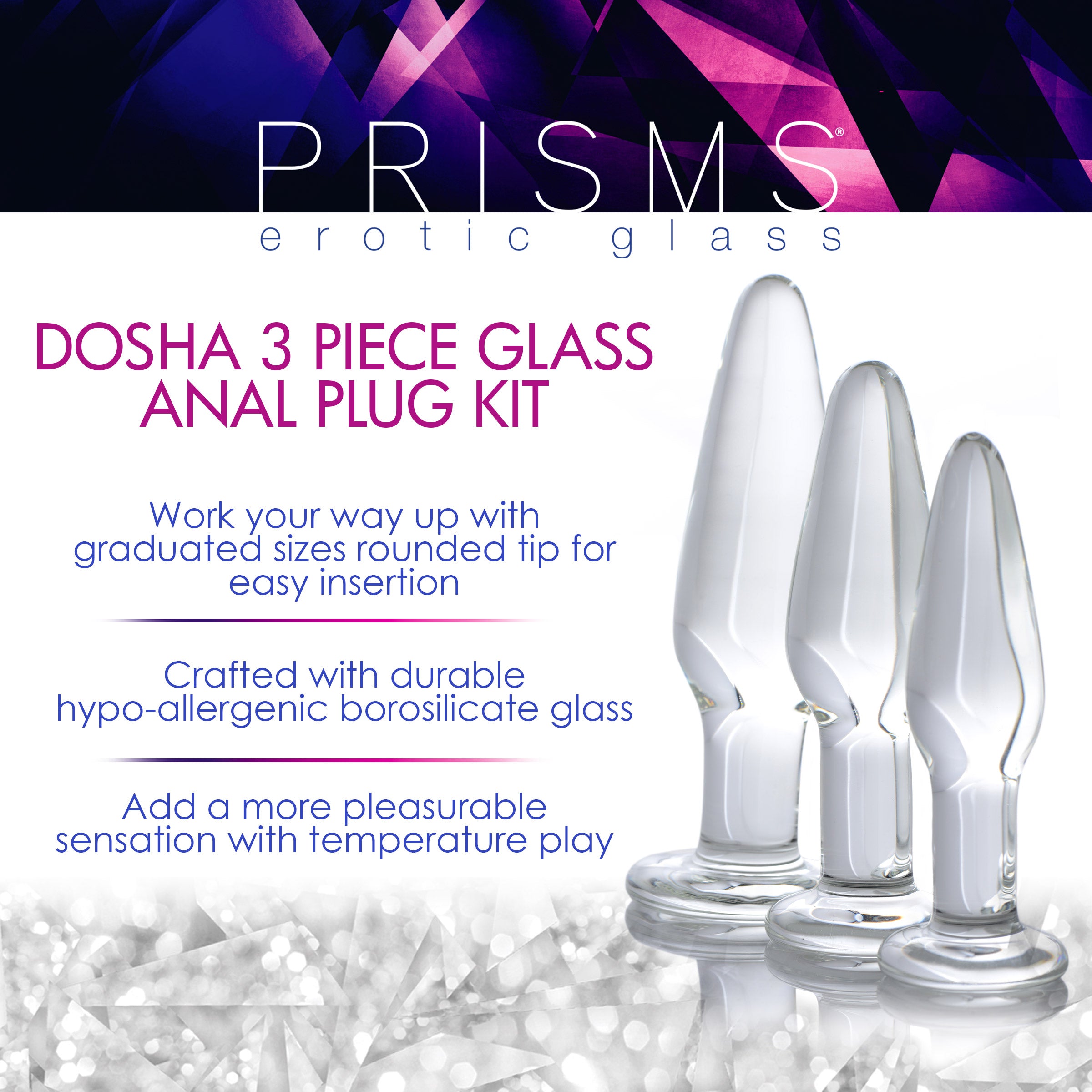 Prisms Erotic Glass Dosha 3 Piece Glass Anal Plug Kit Clear
