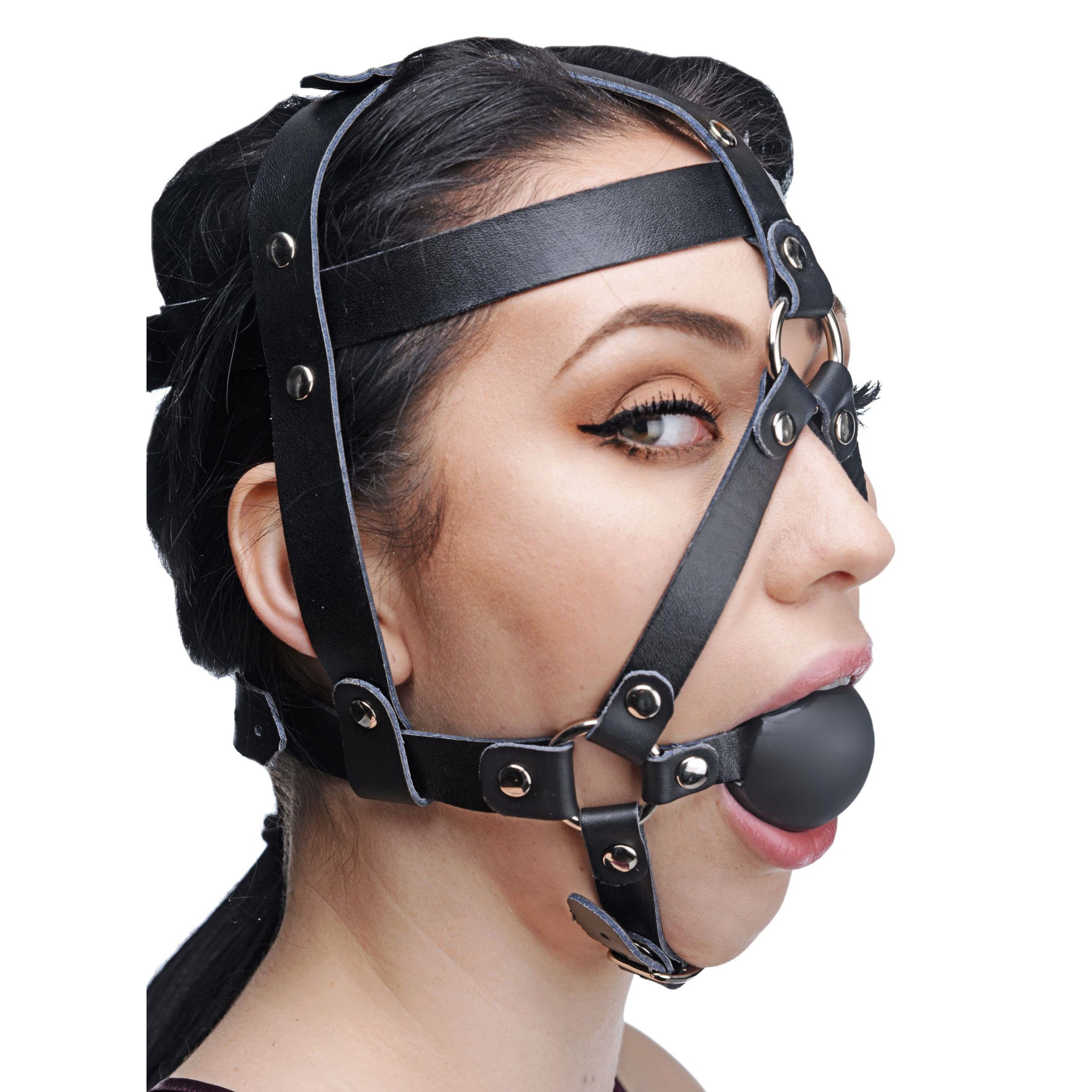 Master Series Leather Head Harness with Ball Gag Black