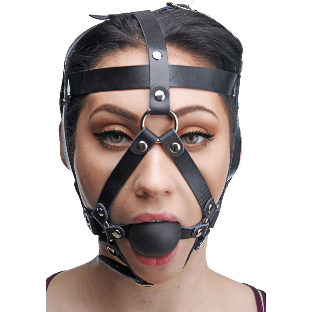 Master Series Leather Head Harness with Ball Gag Black