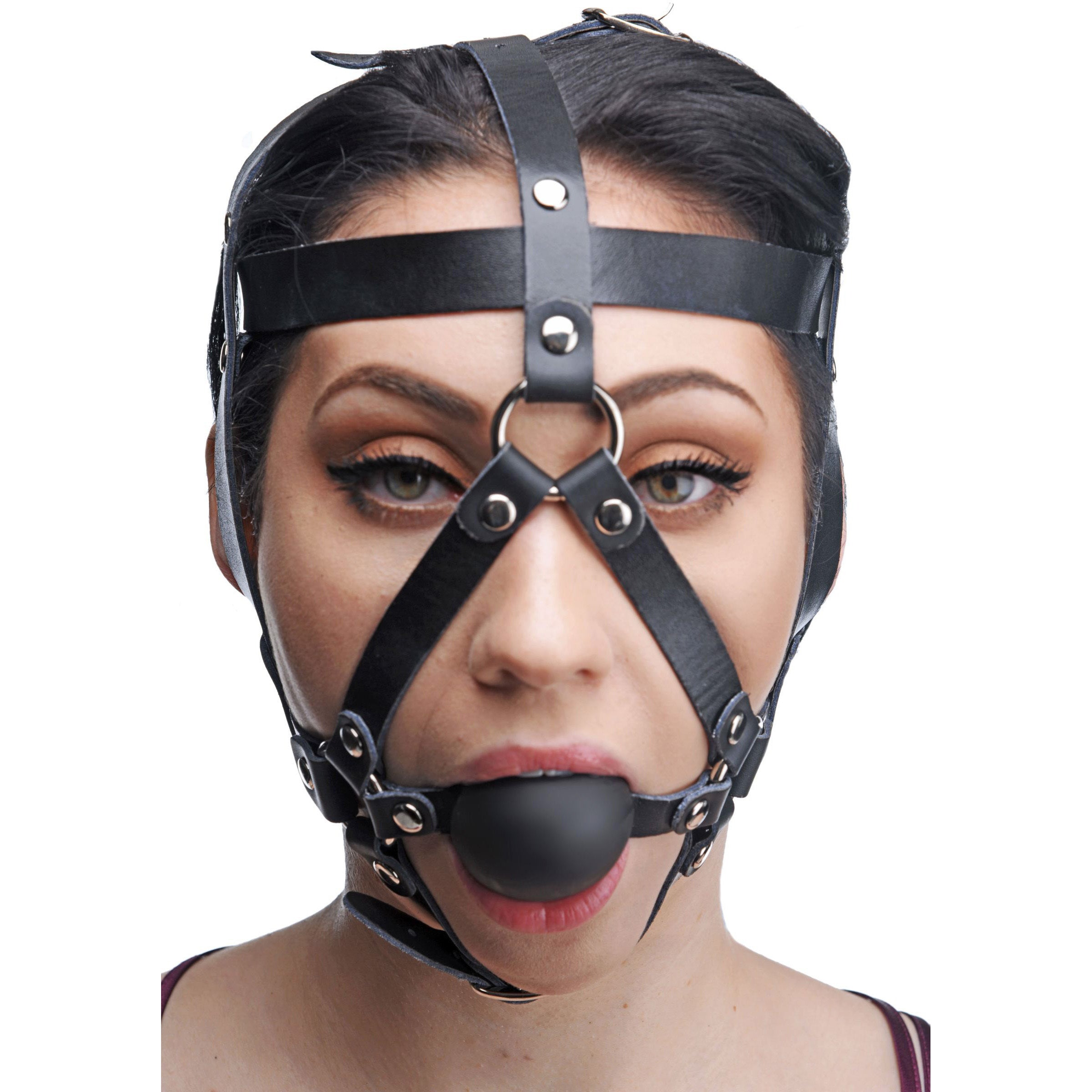 Master Series Leather Head Harness with Ball Gag Black