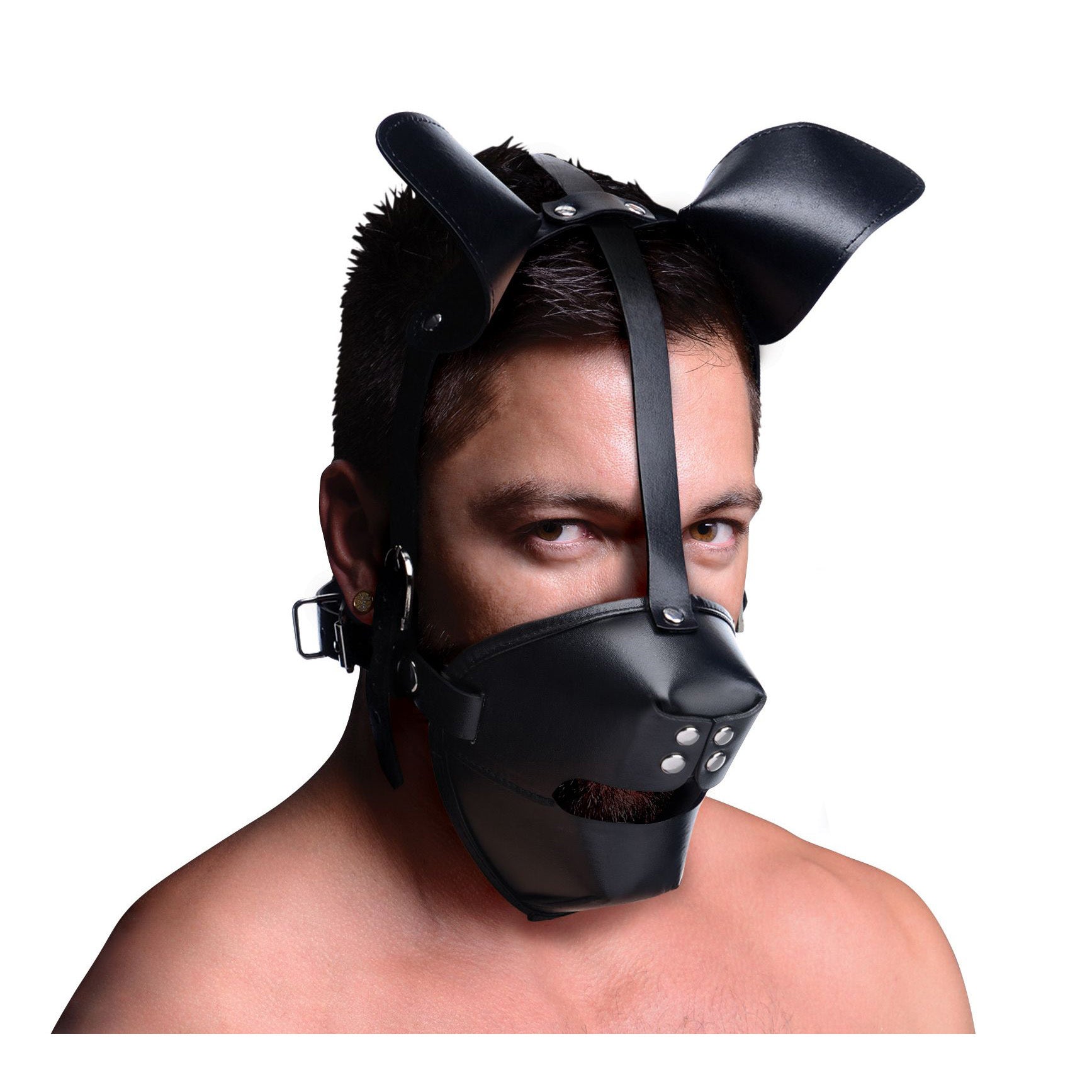 Master Series Pup Puppy Play Hood and Breathable Ball Gag Black