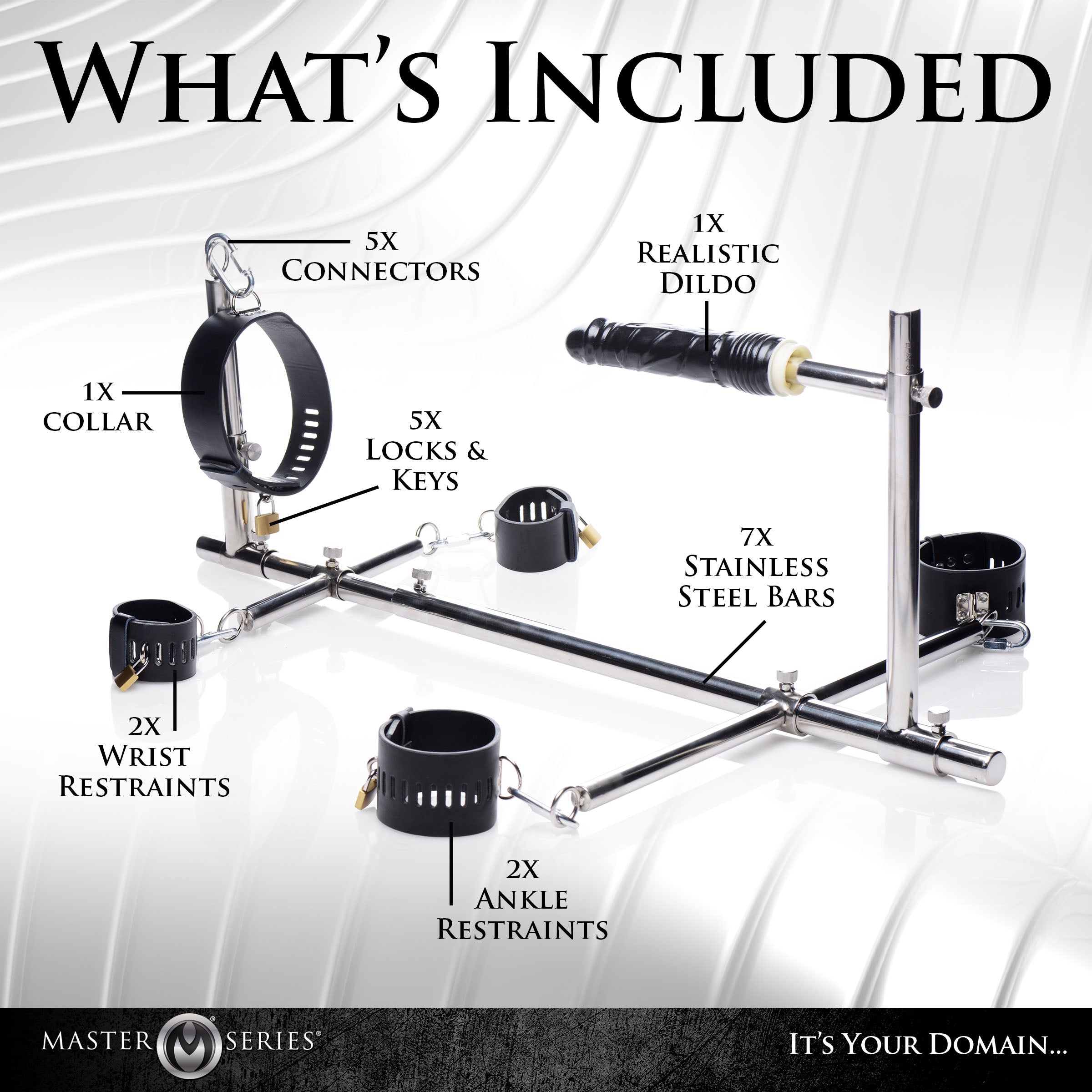 Master Series Imprisoned Metal Stockade with Dildo Grey