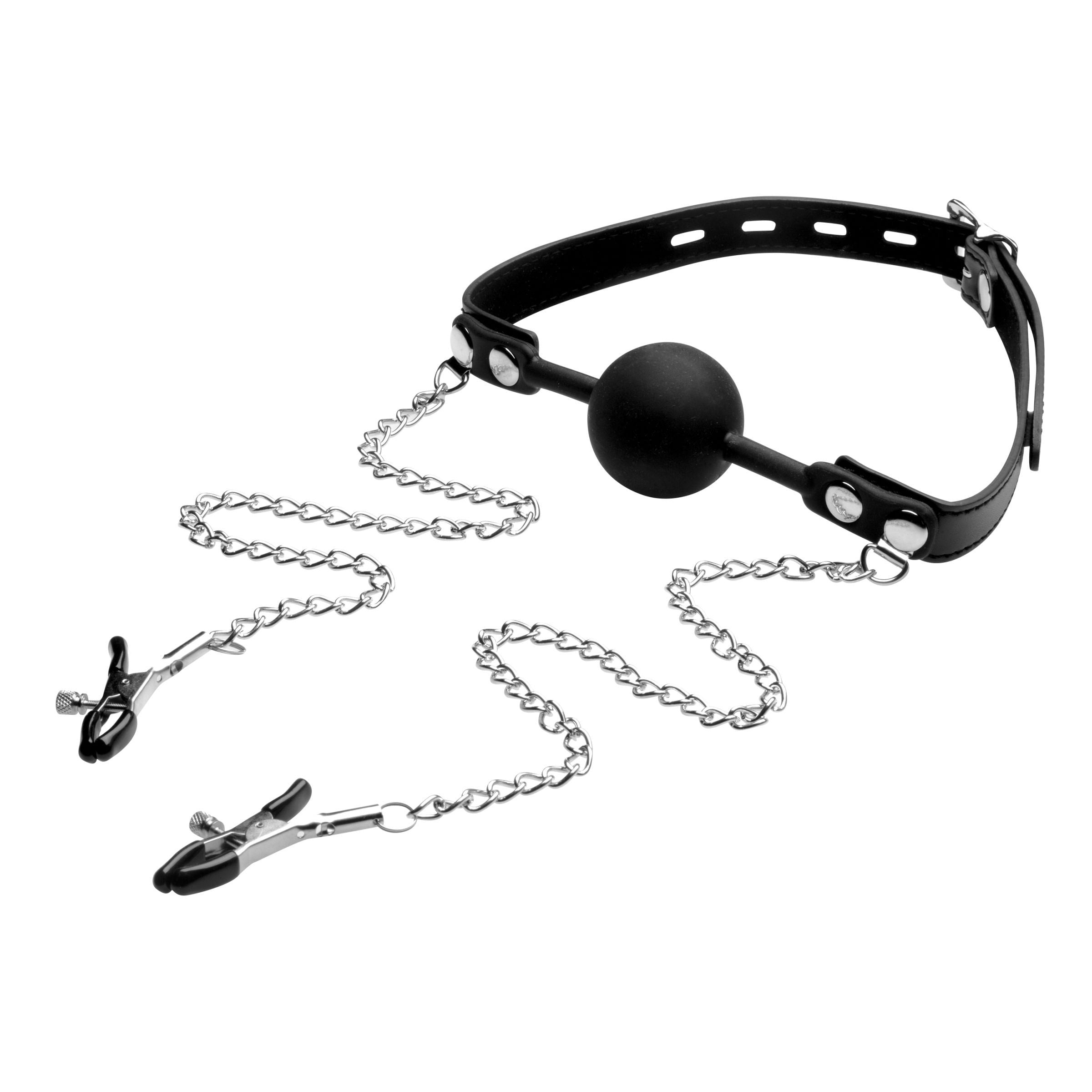 STRICT Silicone Ball Gag with Nipple Clamps Black