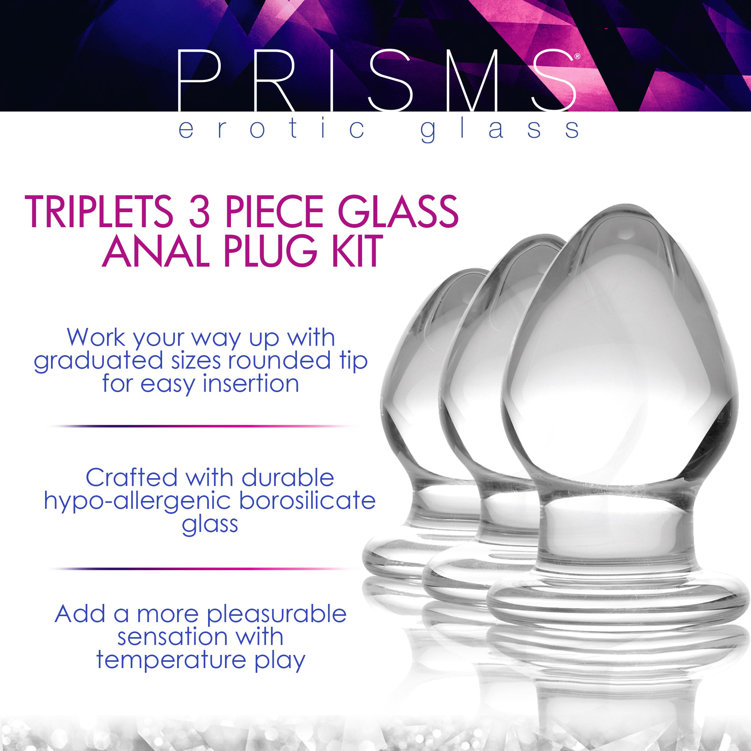 Prisms Erotic Glass Triplets 3 Piece Glass Anal Plug Kit Clear