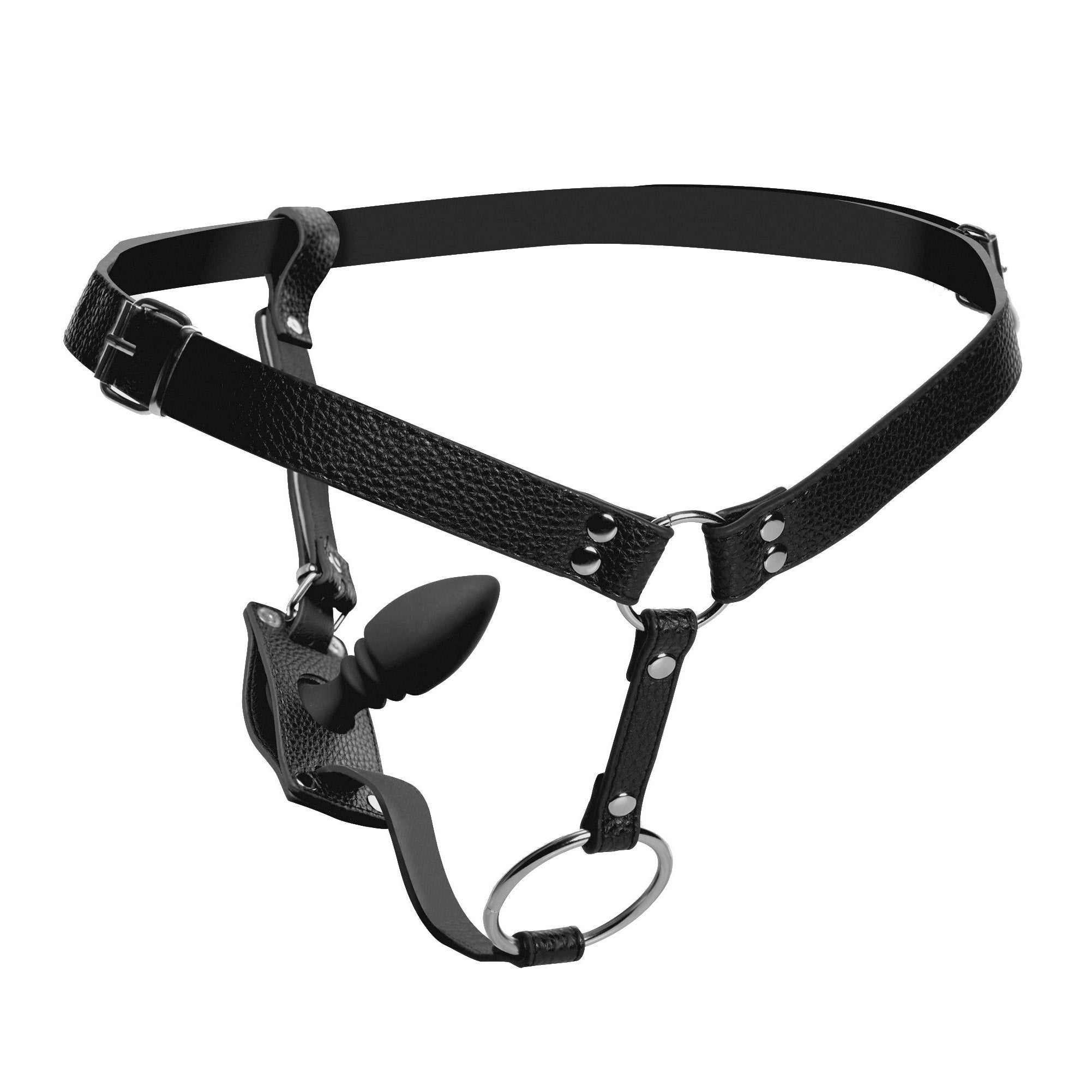 STRICT Male Cock Ring Harness with Silicone Anal Plug Black