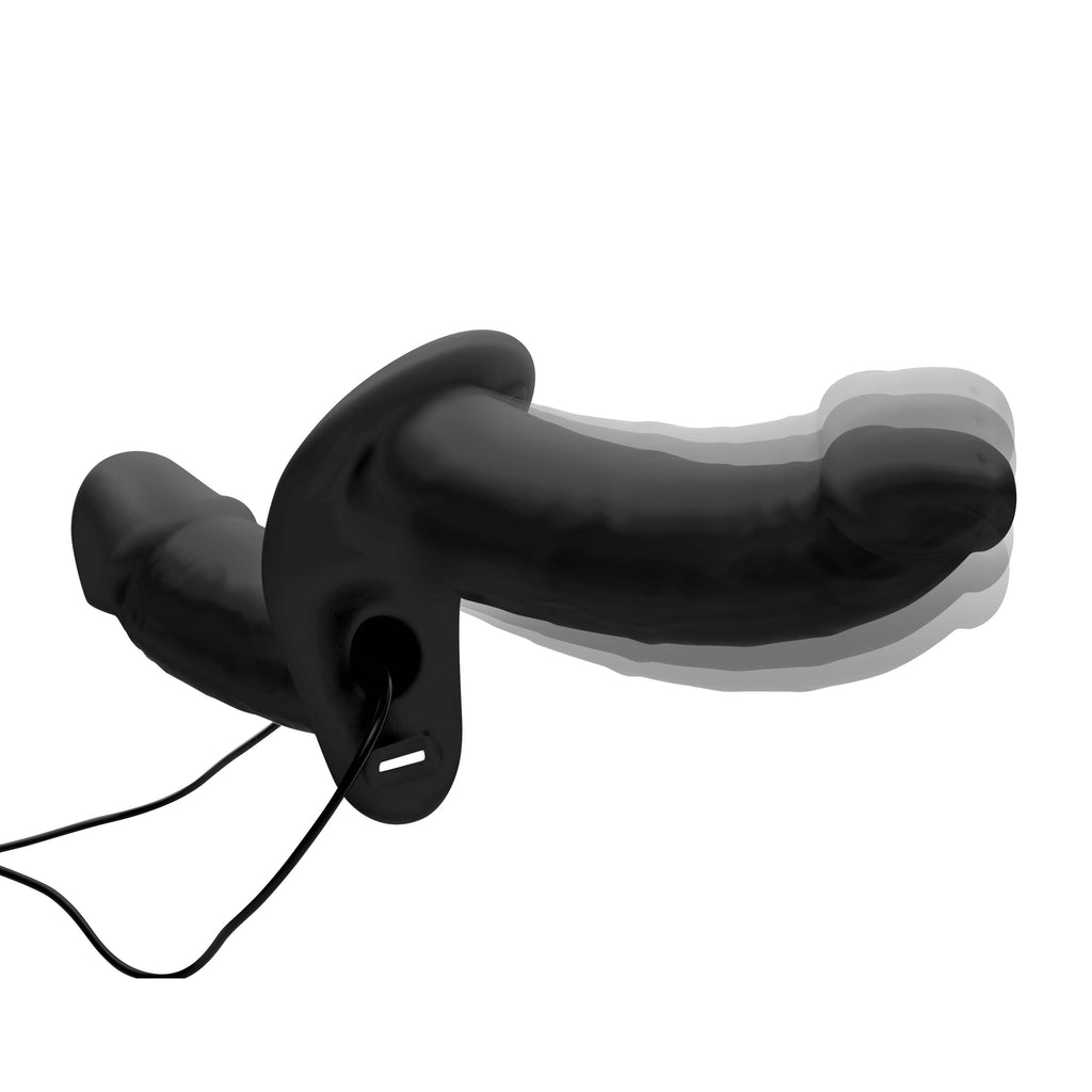 Strap U Power Pegger Silicone Vibrating Double Dildo with Harness Black