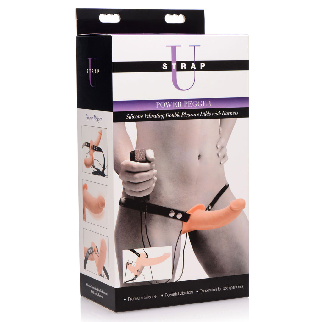 Strap U Power Pegger Silicone Vibrating Double Dildo with Harness Flesh