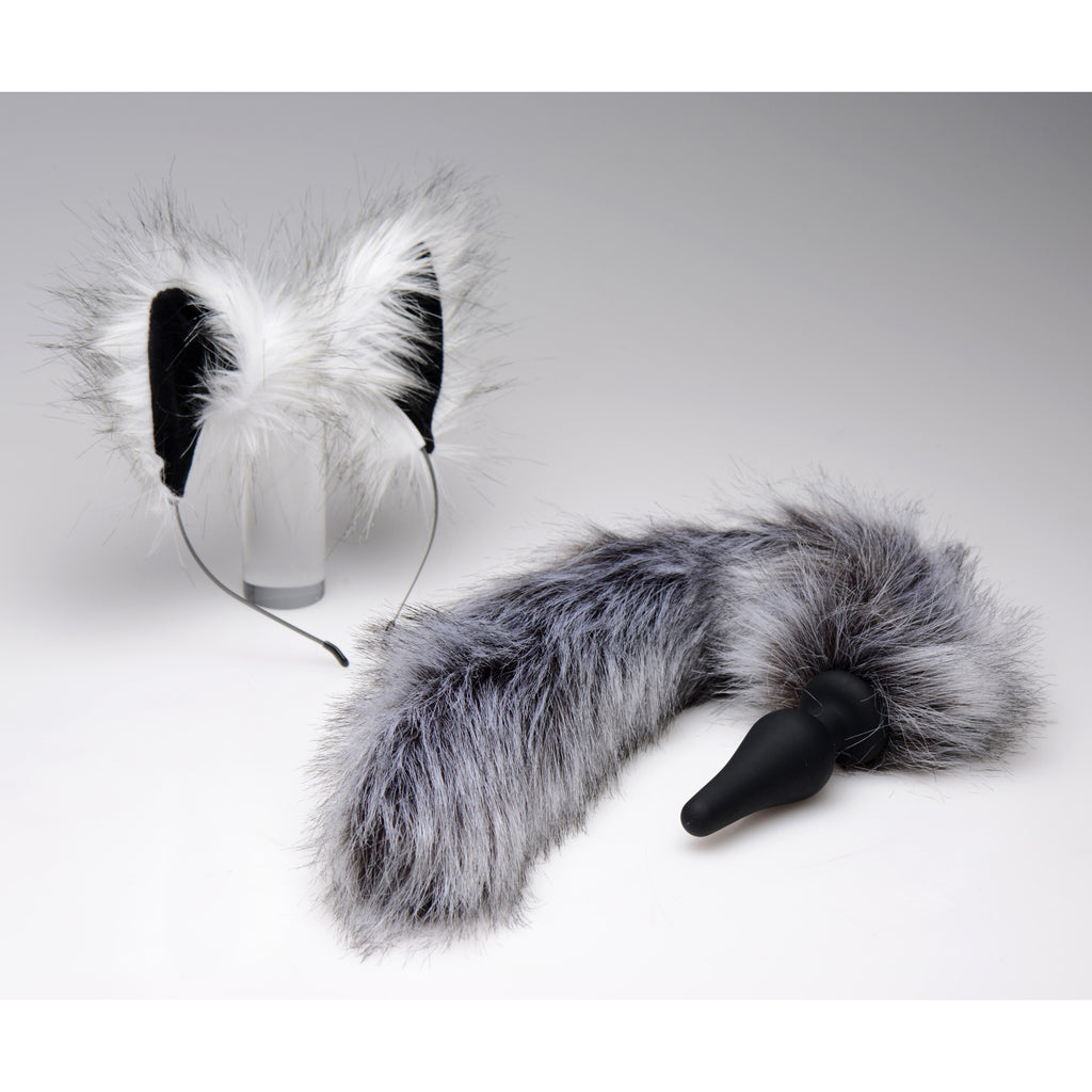 Tailz Grey Wolf Tail Anal Plug and Ears Set Grey