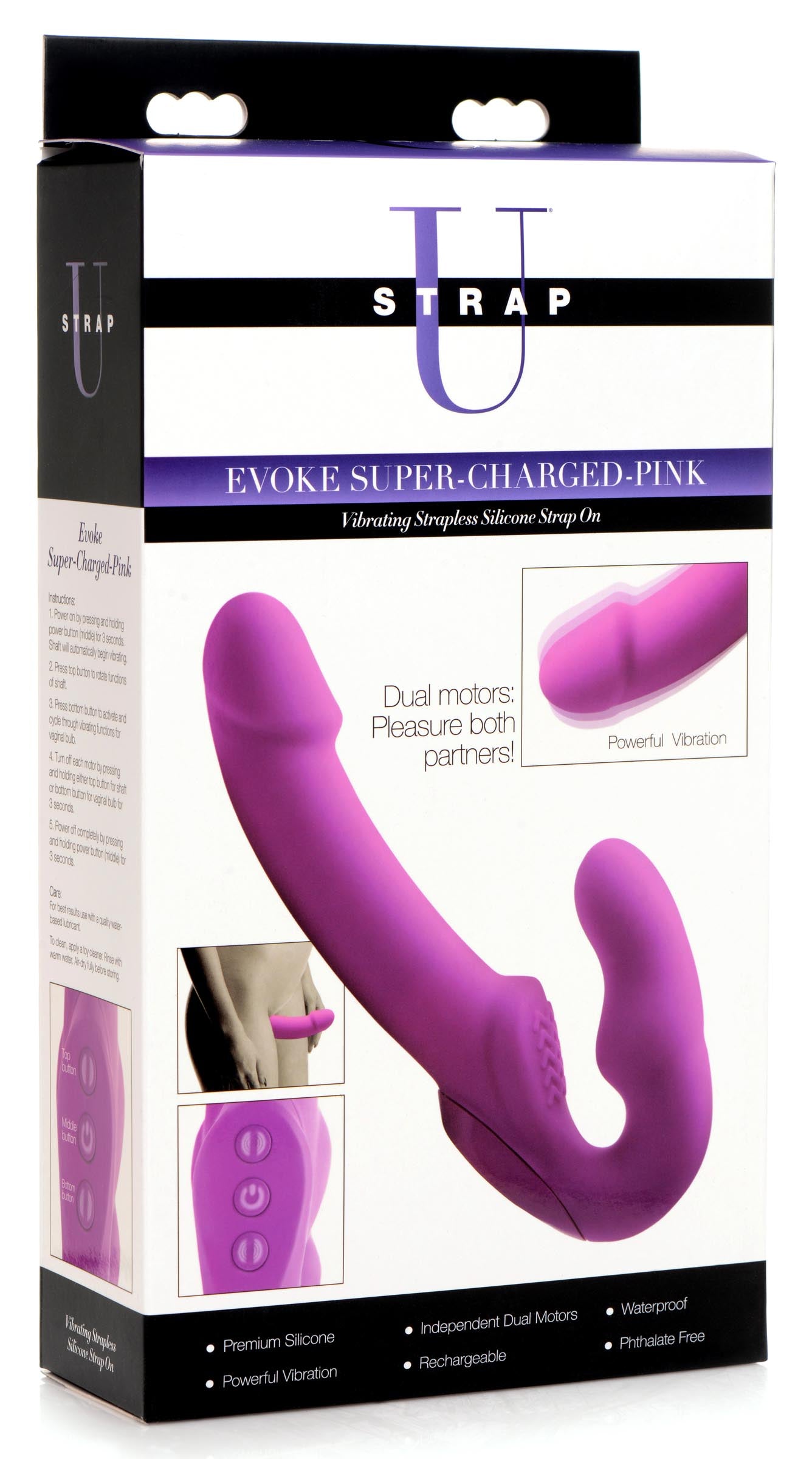 Strap U Evoke Rechargeable Vibrating Silicone Strapless Strap On - Pink Pink