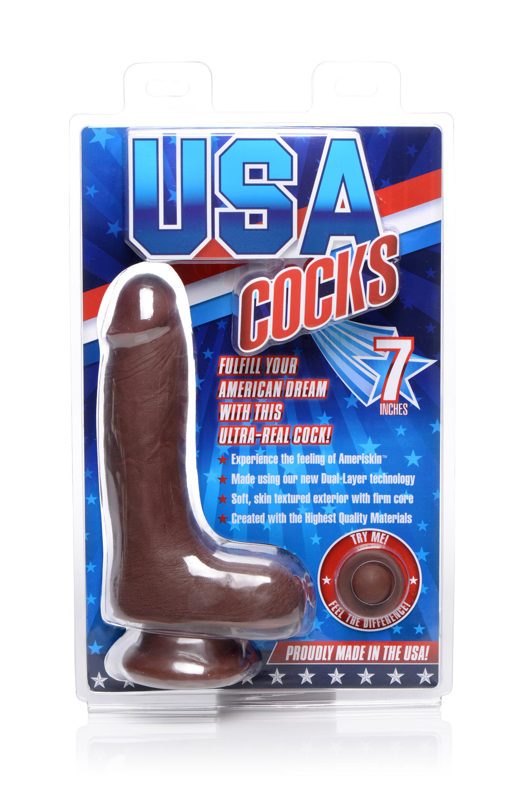 USA Cocks 7 Inch Ultra Real Dual Layer Suction Cup Dildo- Dark Skin Tone Brown
