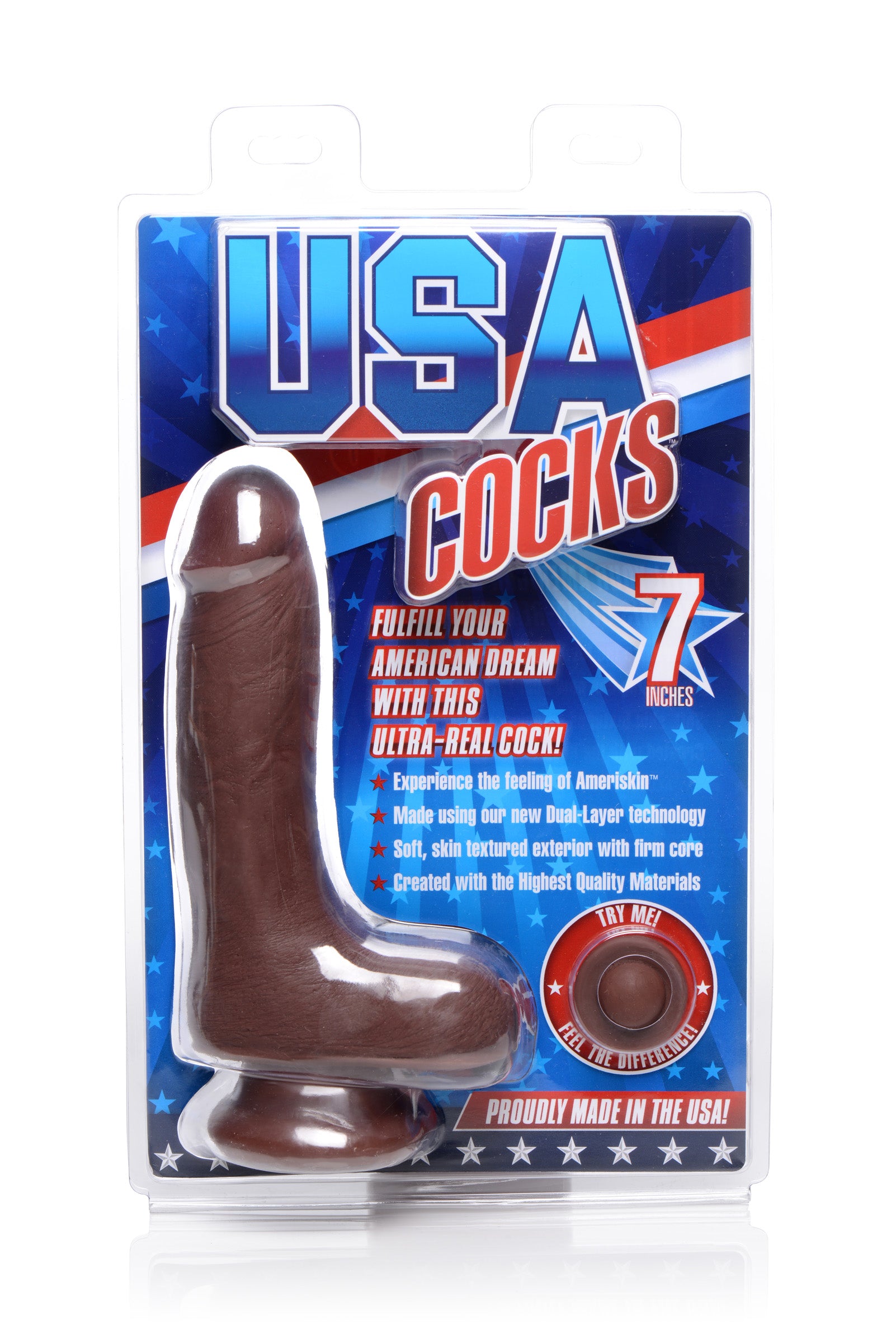 USA Cocks 7 Inch Ultra Real Dual Layer Suction Cup Dildo- Dark Skin Tone Brown