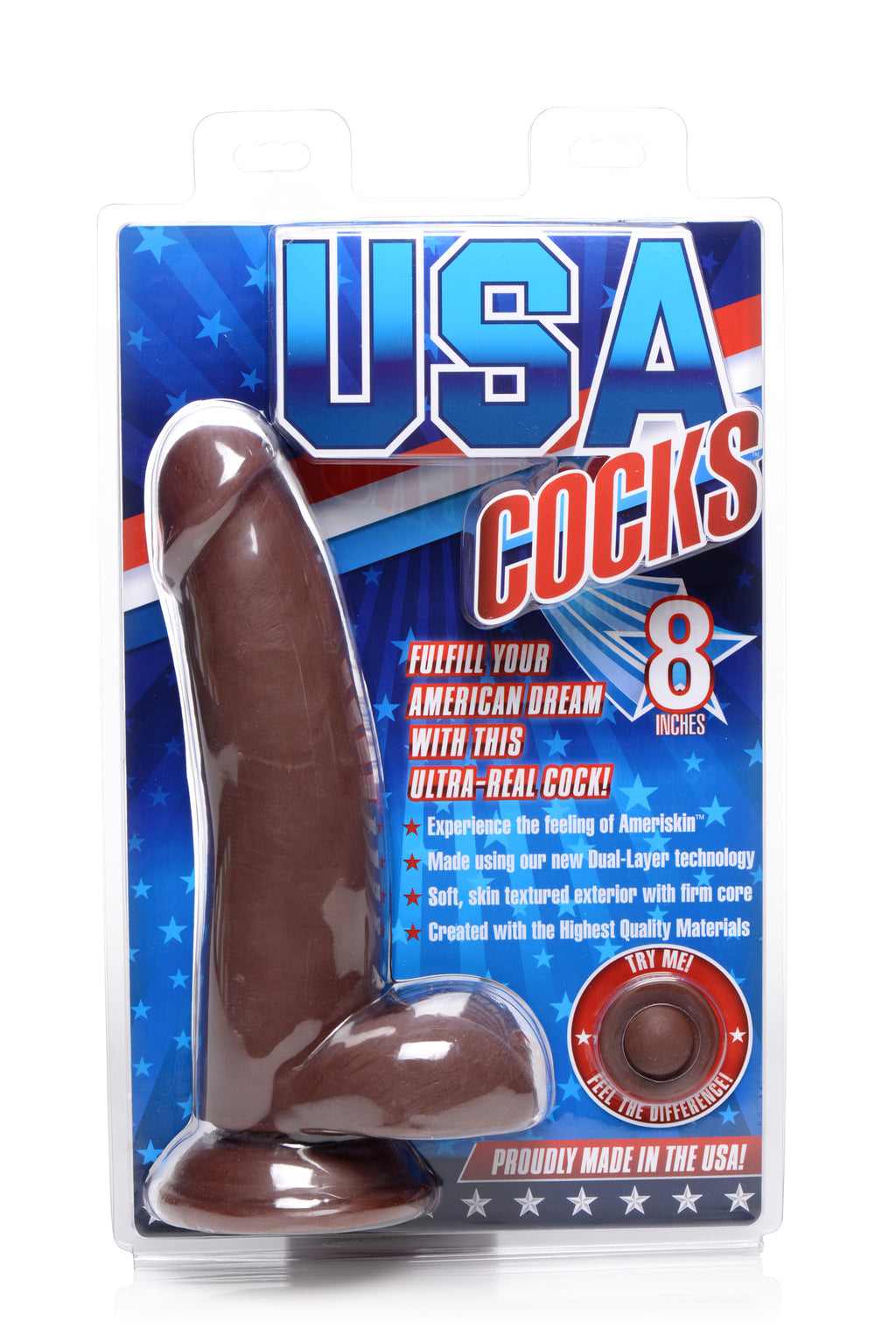USA Cocks 8 Inch Ultra Real Dual Layer Suction Cup Dildo- Dark Skin Tone Brown