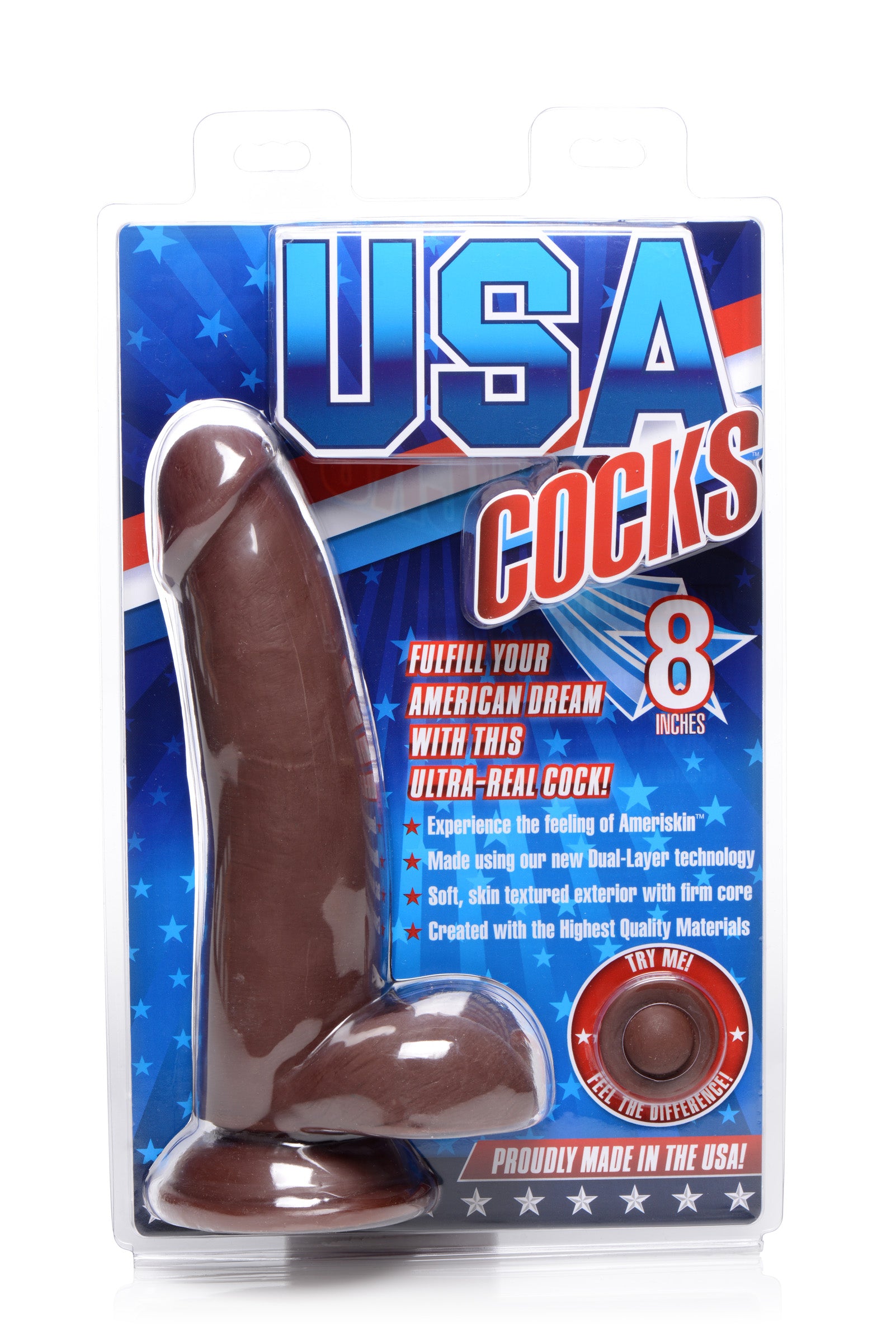USA Cocks 8 Inch Ultra Real Dual Layer Suction Cup Dildo- Dark Skin Tone Brown