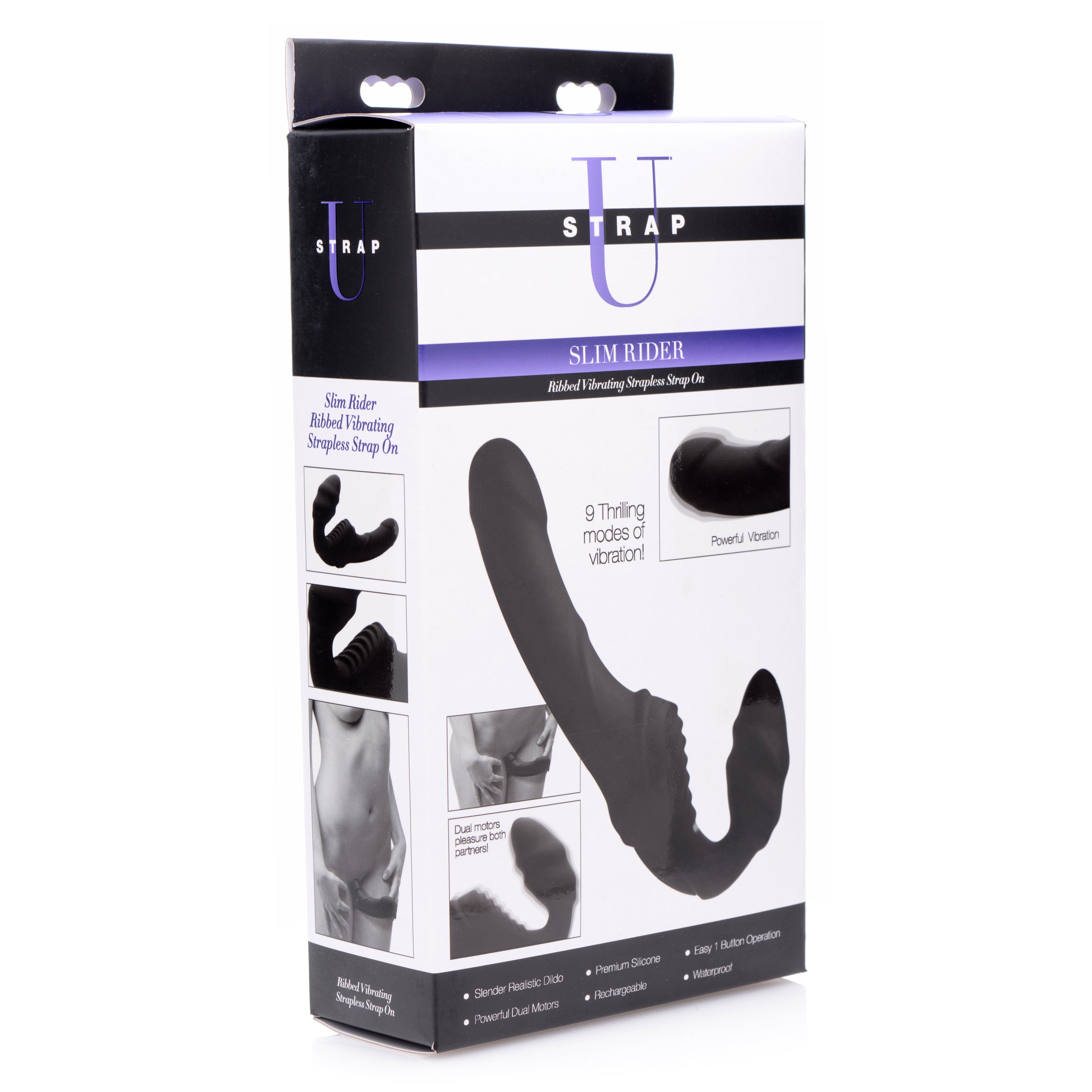 Strap U Slim Rider Ribbed Vibrating Silicone Strapless Strap On Black