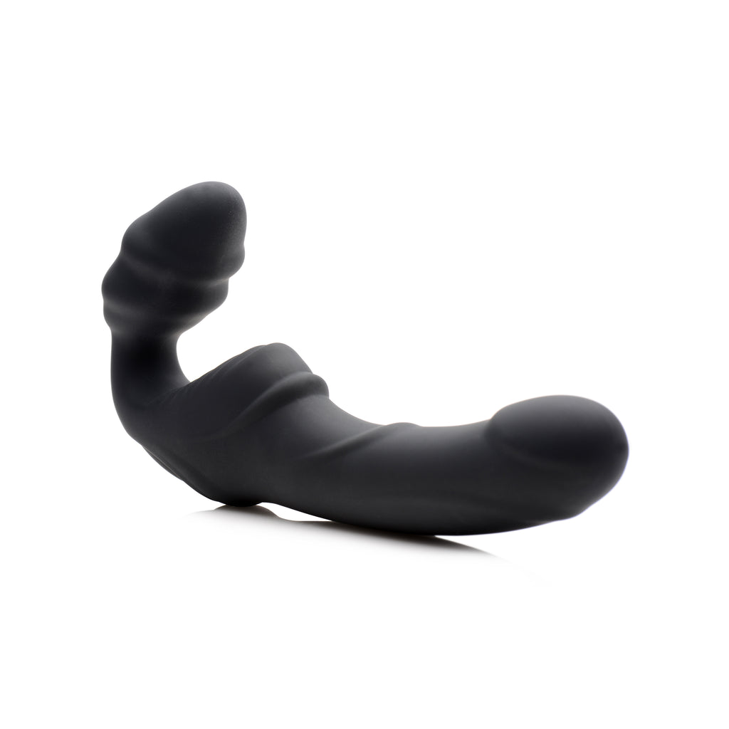 Strap U Slim Rider Ribbed Vibrating Silicone Strapless Strap On Black