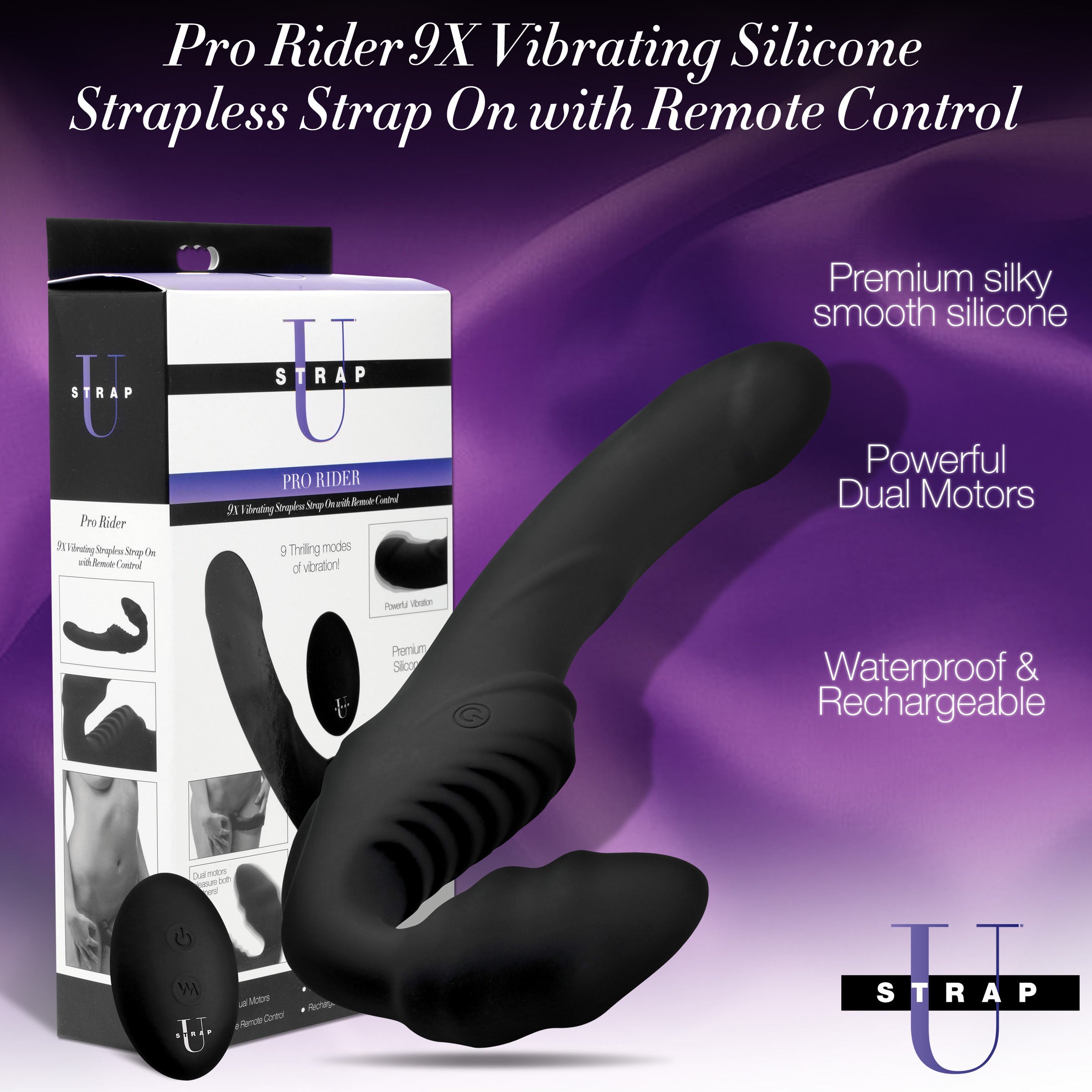 Strap U Pro Rider 9X Vibrating Silicone Strapless Strap On with Remote Control Black