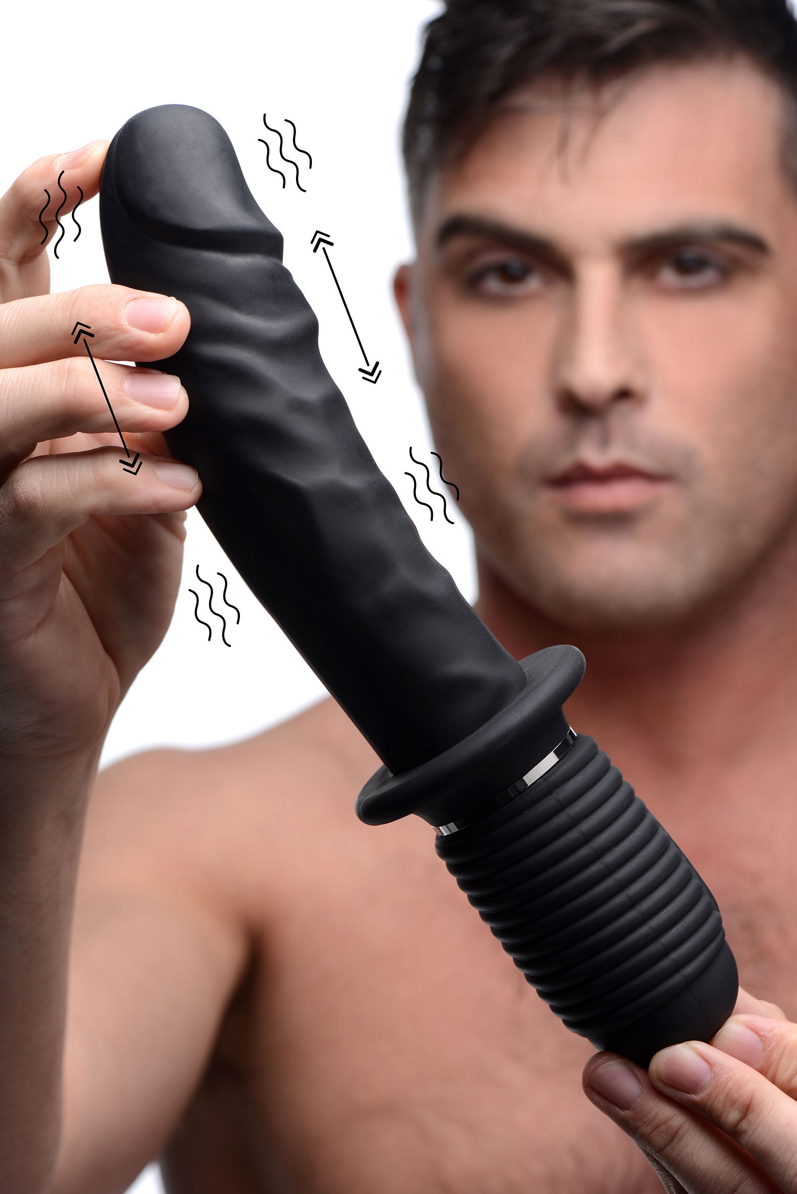 Master Series Power Pounder Vibrating and Thrusting Silicone Dildo - Black Black