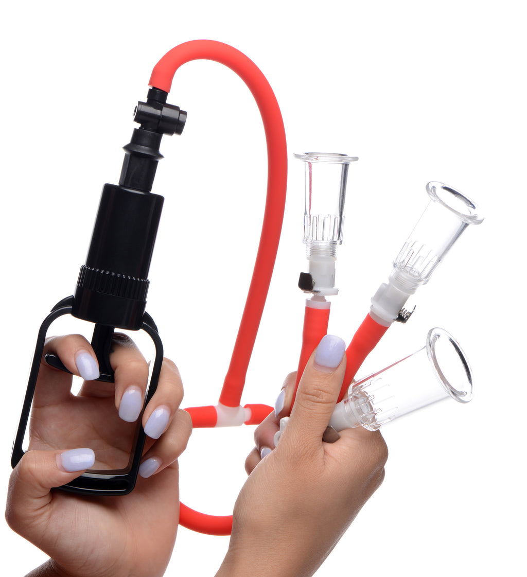 Master Series 3-Way Suck Her Nipple and Clit Pump System Red