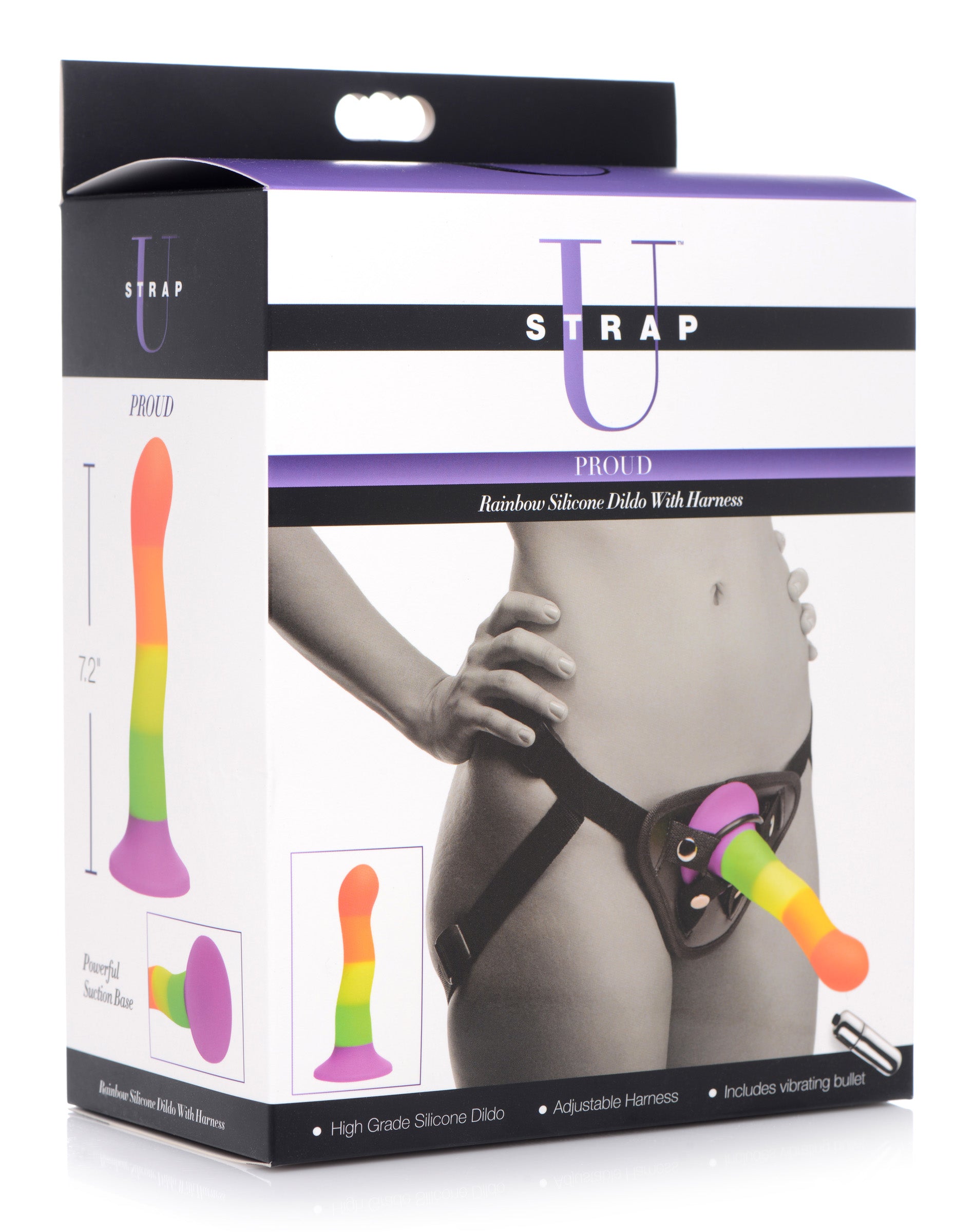 Strap U Proud Rainbow Silicone Dildo with Harness Multi