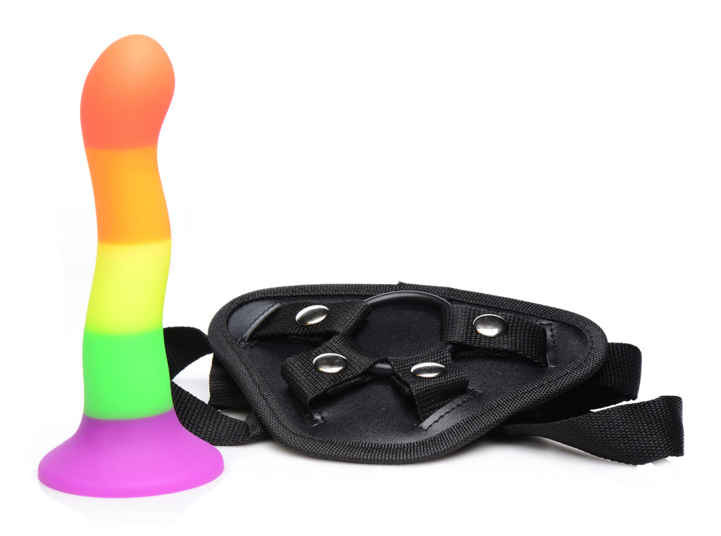 Strap U Proud Rainbow Silicone Dildo with Harness Multi