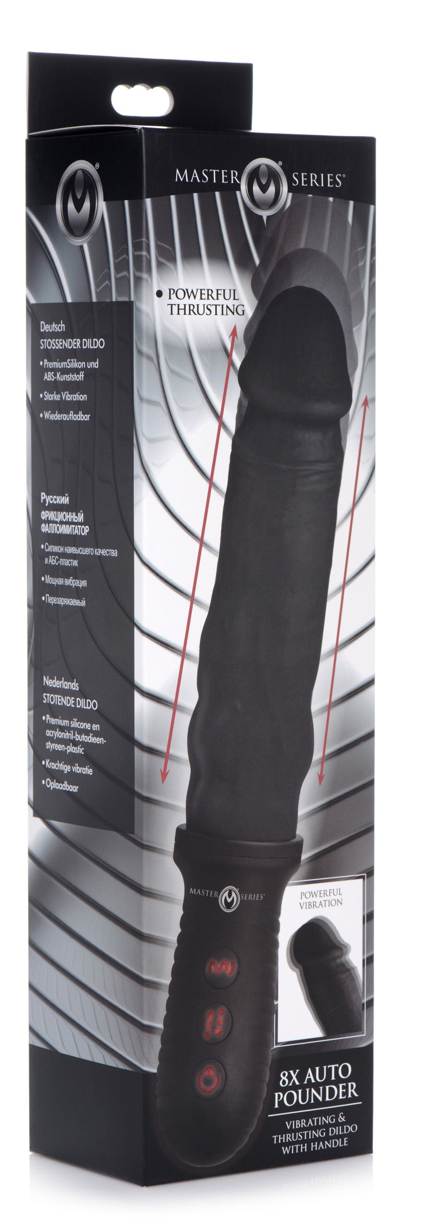 Master Series 8X Auto Pounder Vibrating and Thrusting Dildo with Handle - Black Black