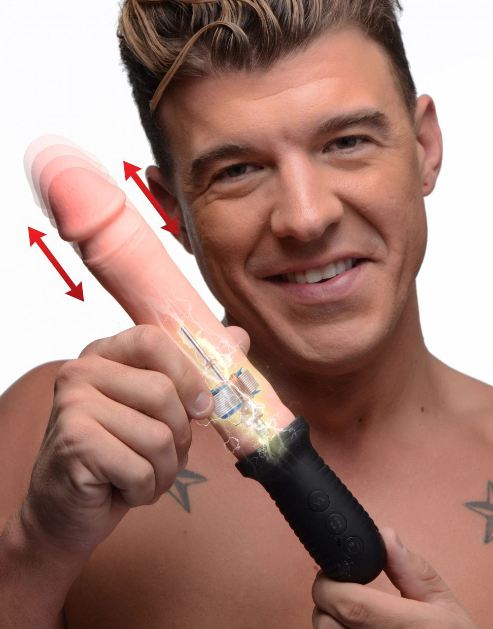 Master Series 8X Auto Pounder Vibrating and Thrusting Dildo with Handle - Black Flesh