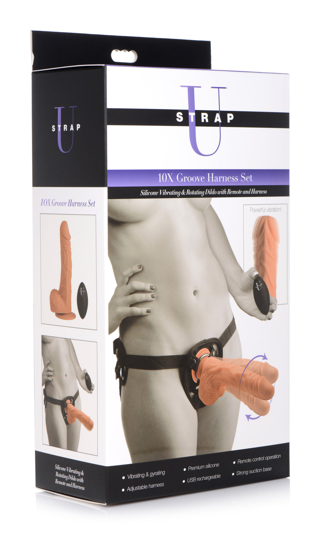 Strap U 10X Groove Harness with Vibrating and Rotating Silicone Dildo Flesh