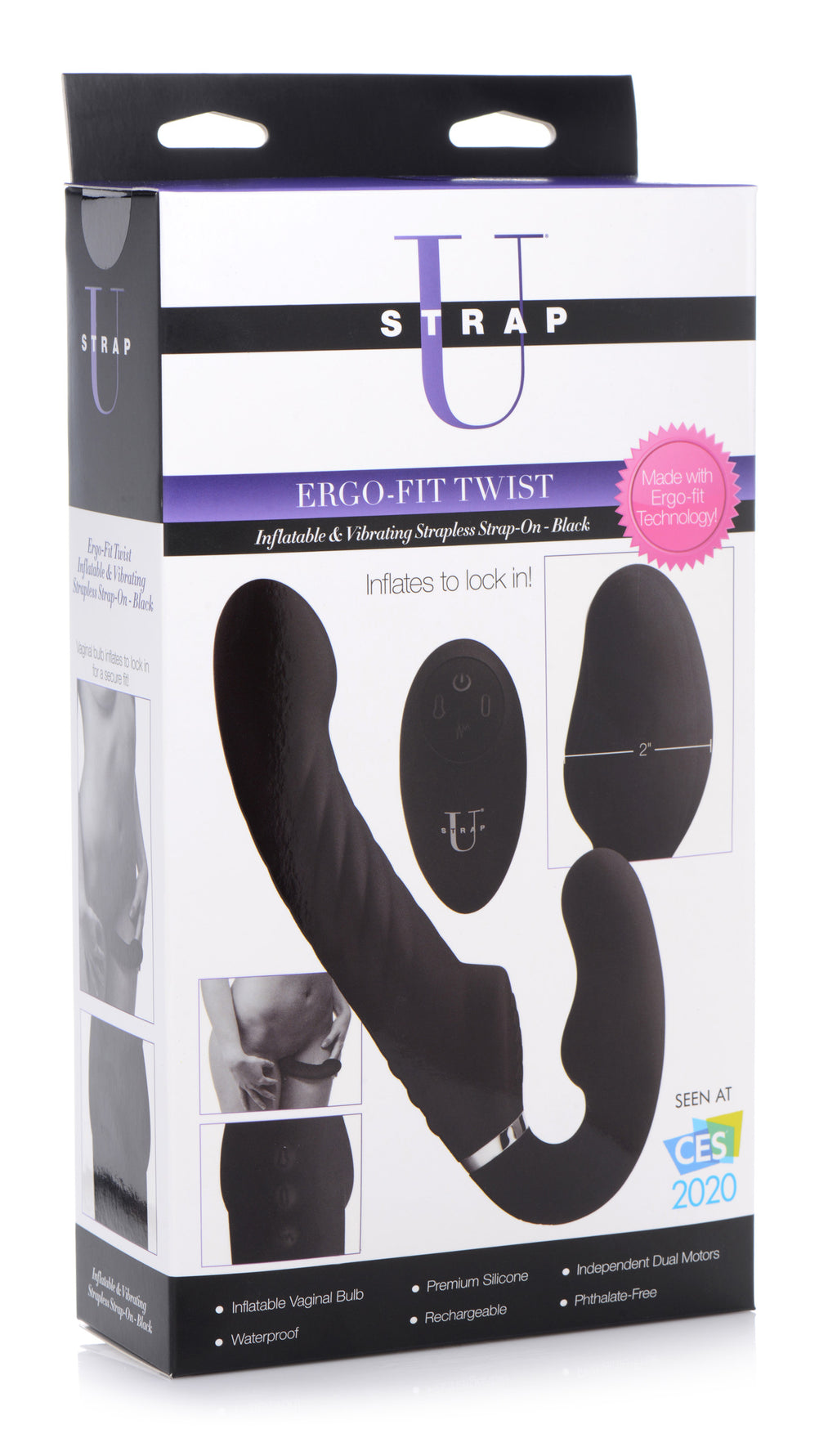Strap U Ergo-Fit Twist Inflatable Vibrating Silicone Strapless Strap-on - Black Black