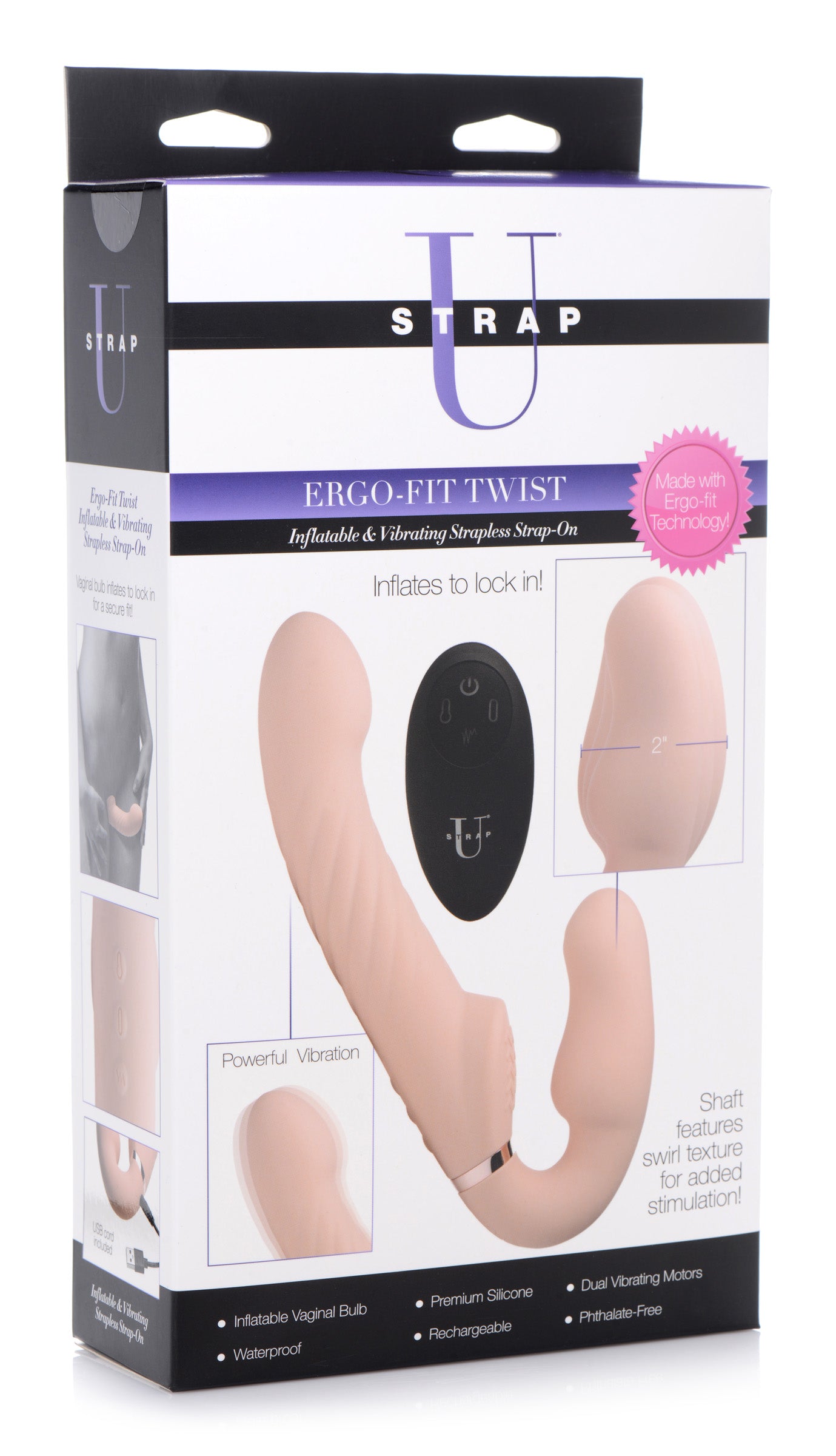 Strap U Ergo-Fit Twist Inflatable Vibrating Silicone Strapless Strap-on - Beige Flesh