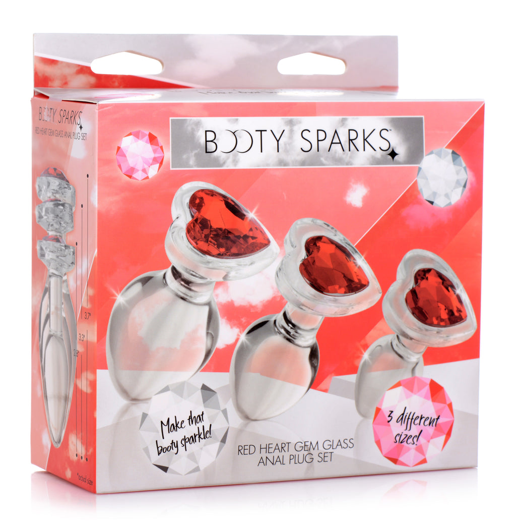 Booty Sparks Red Heart Gem Glass Anal Plug Set Red
