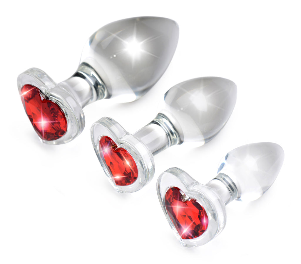 Booty Sparks Red Heart Gem Glass Anal Plug Set Red