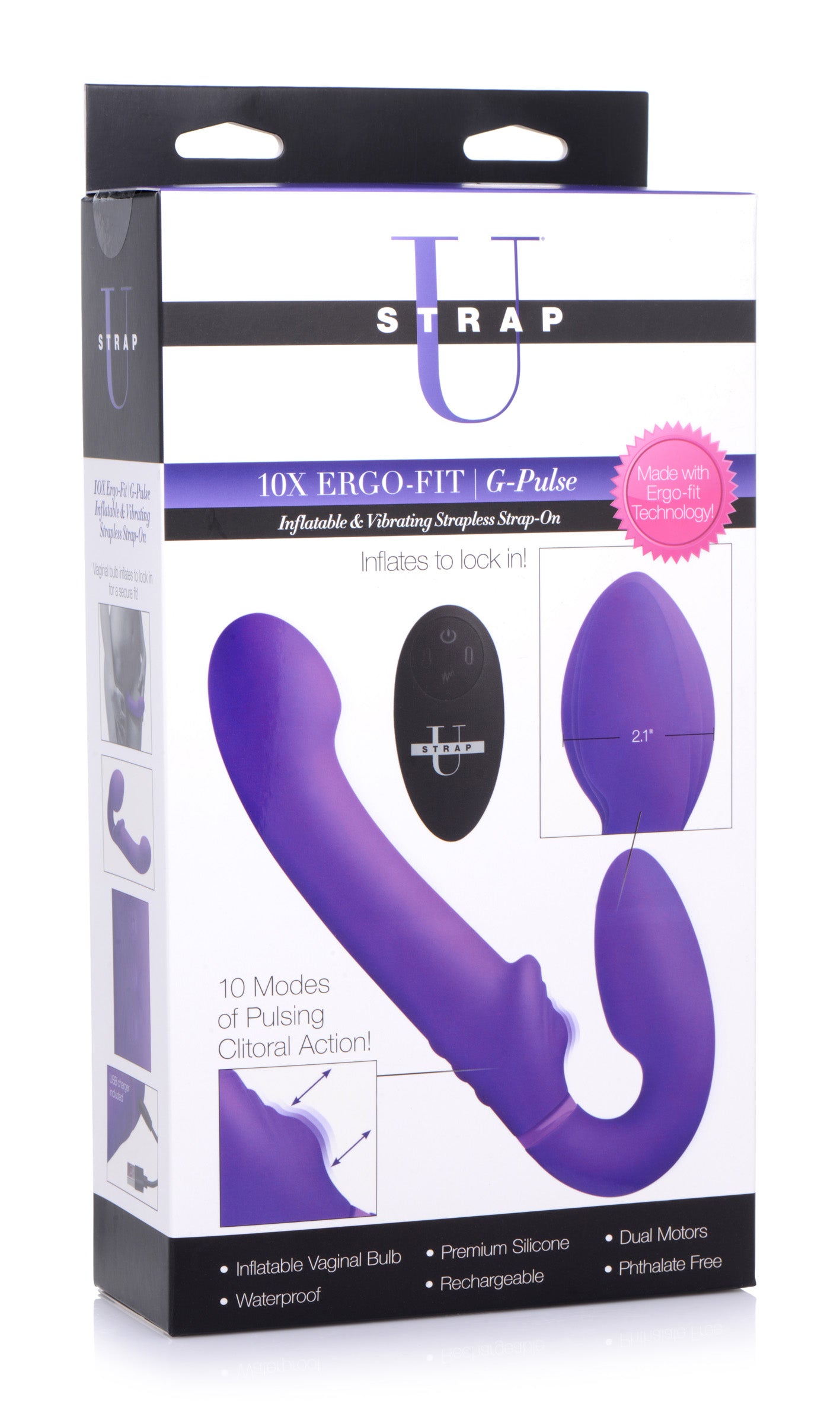 Strap U 10X Remote Control Ergo-Fit G-Pulse Inflatable and Vibrating Strapless Strap-on - Purple Purple