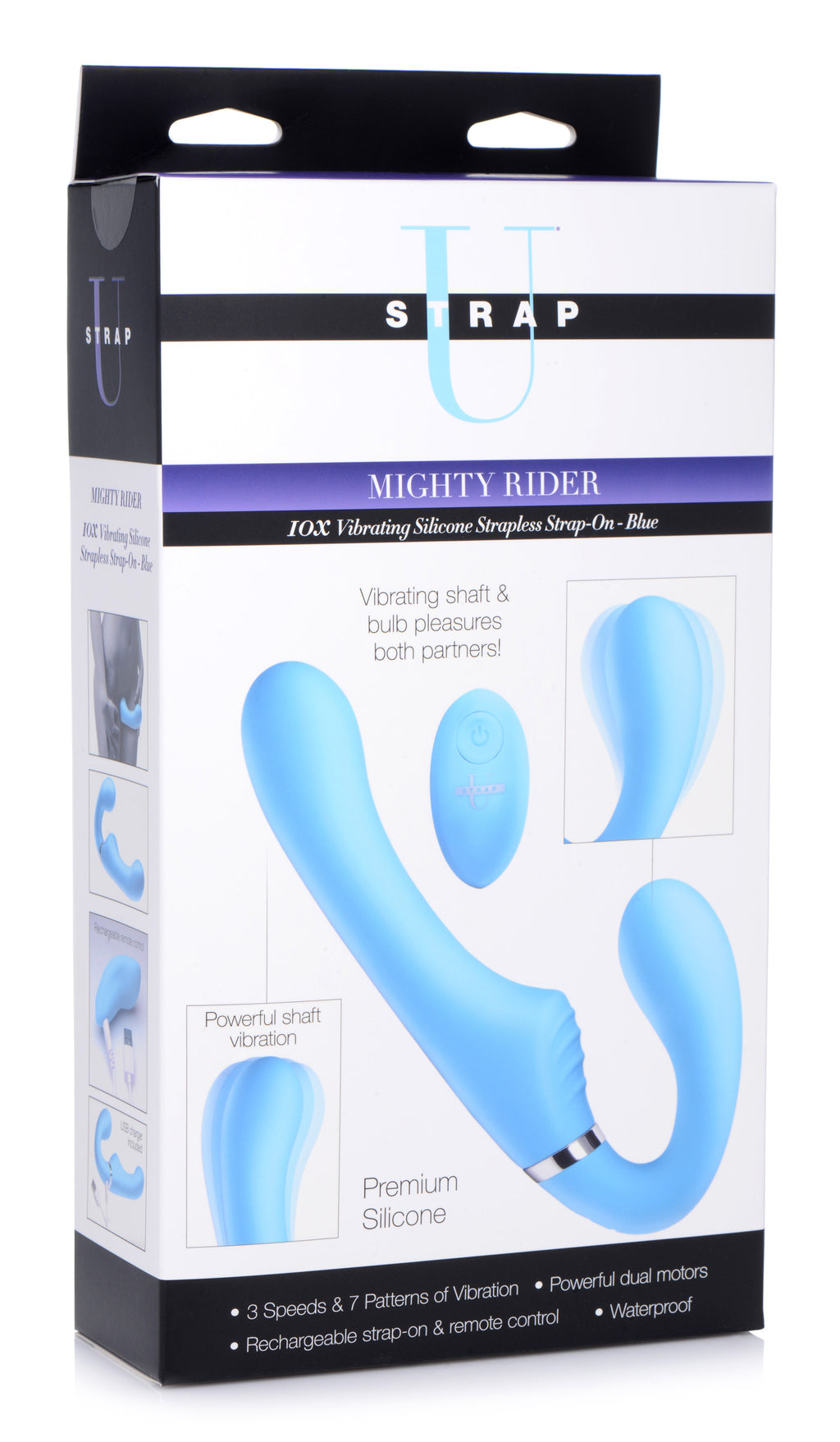 Strap U 10X Vibrating Silicone Strapless Strap-on - Black Blue