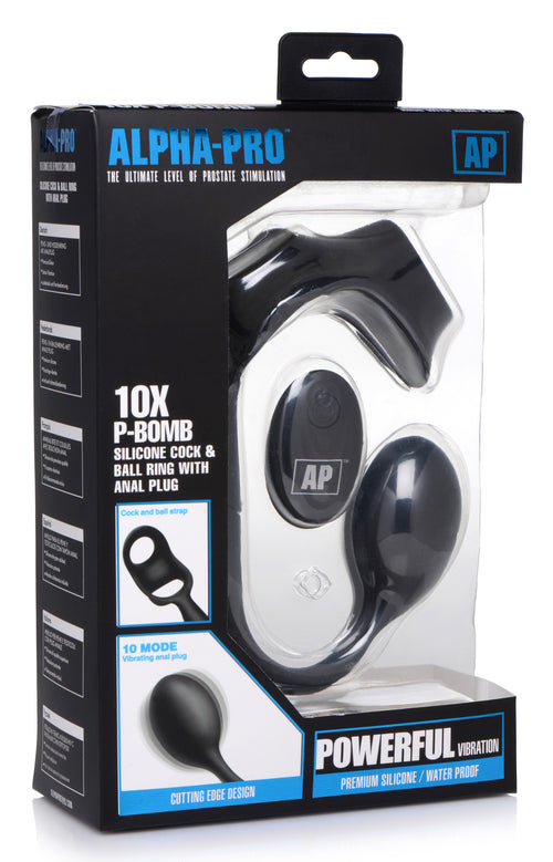 Alpha-Pro 10X P-Bomb Silicone Cock and Ball Ring with Vibrating Anal Plug Black