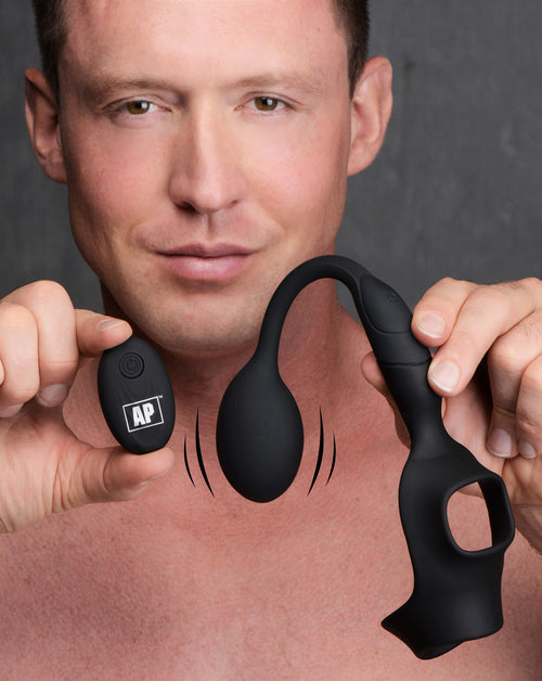 Alpha-Pro 10X P-Bomb Silicone Cock and Ball Ring with Vibrating Anal Plug Black