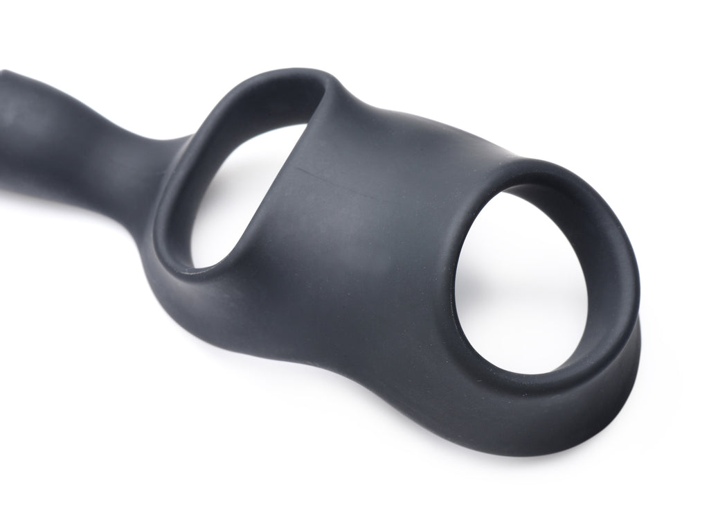 Alpha-Pro 10X P-Bomb Silicone Cock and Ball Ring with Vibrating Anal Plug Black