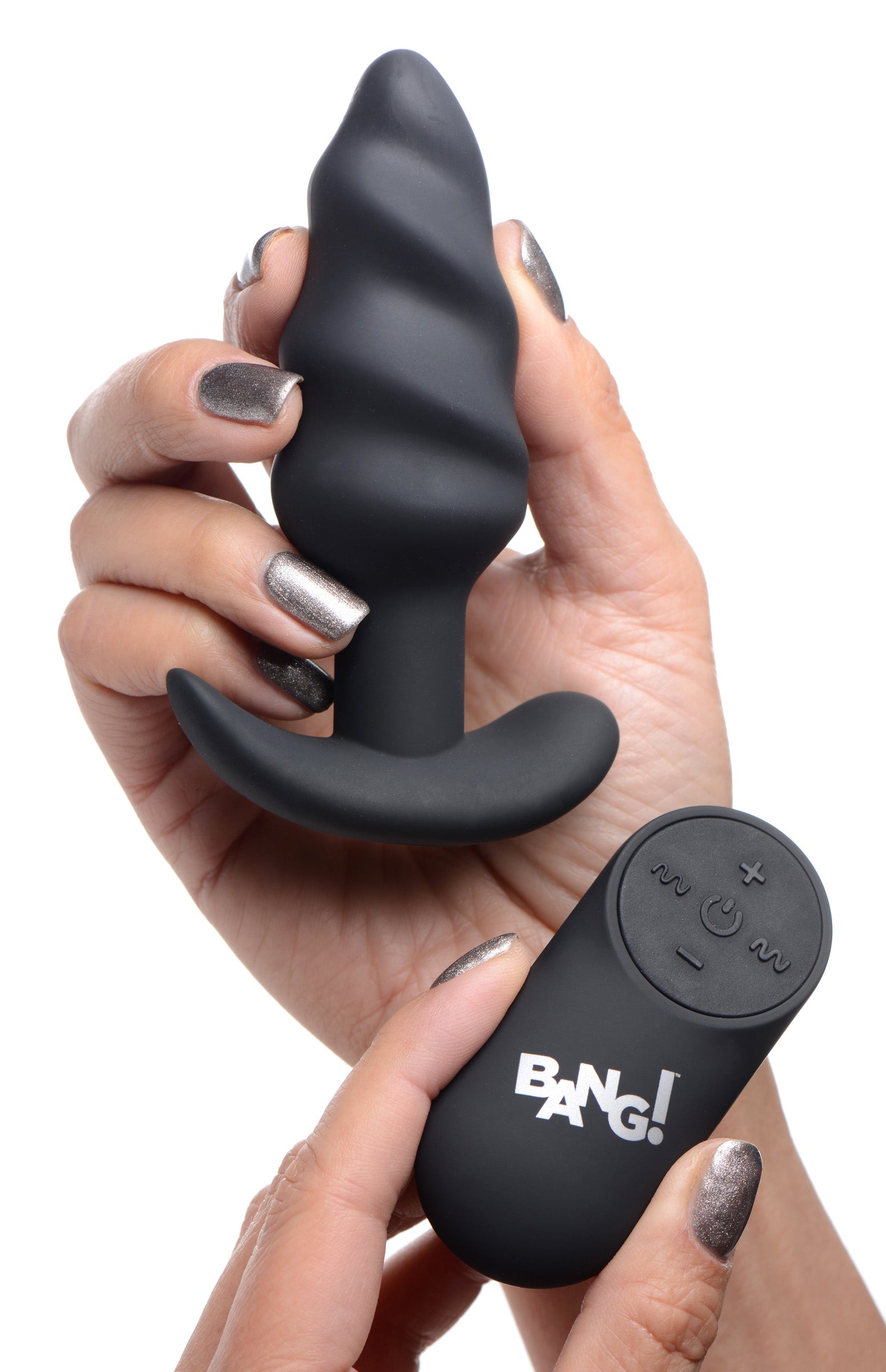 Bang! Remote Control 21X Vibrating Silicone Swirl Butt Plug - Black Black