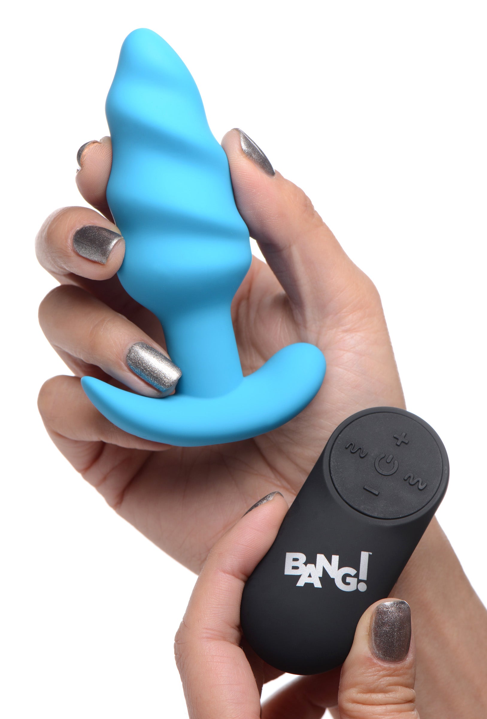 Bang! Remote Control 21X Vibrating Silicone Swirl Butt Plug - Black Blue
