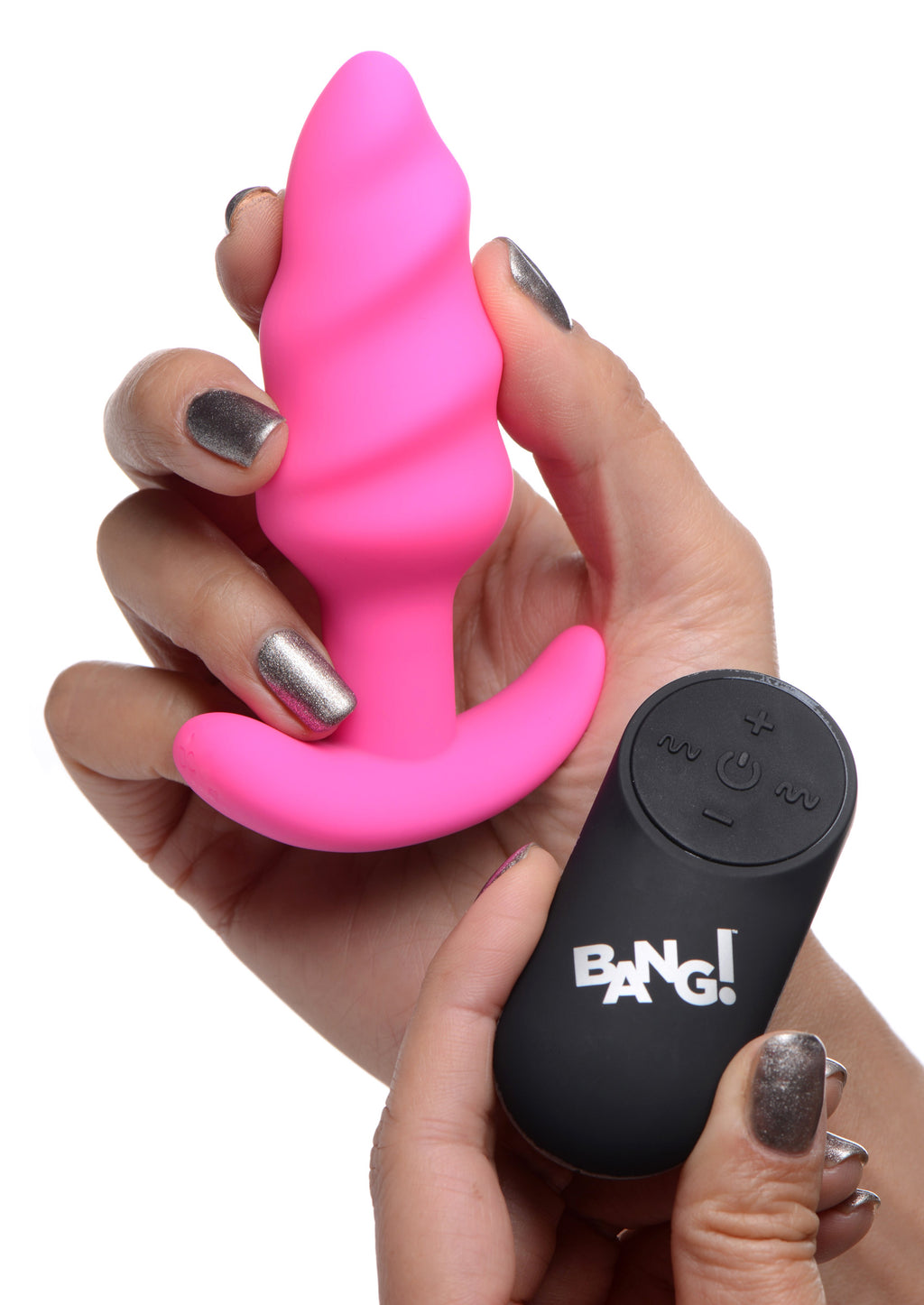 Bang! Remote Control 21X Vibrating Silicone Swirl Butt Plug - Black Pink