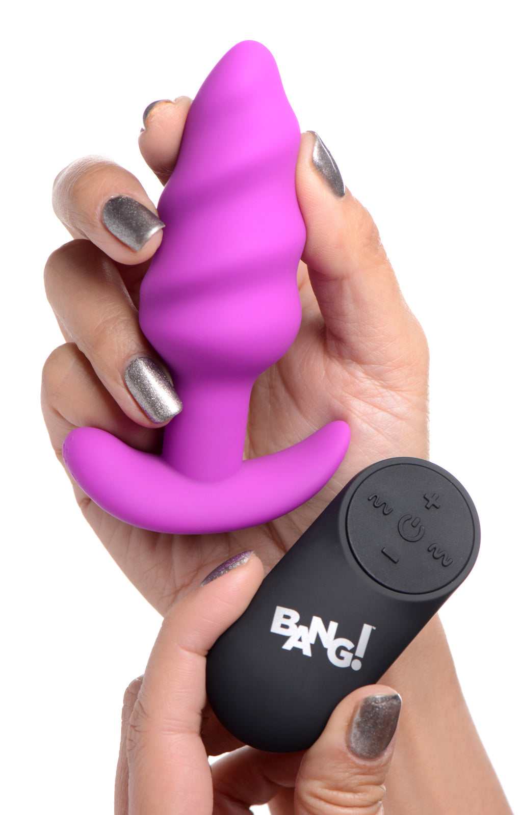 Bang! Remote Control 21X Vibrating Silicone Swirl Butt Plug - Black Purple