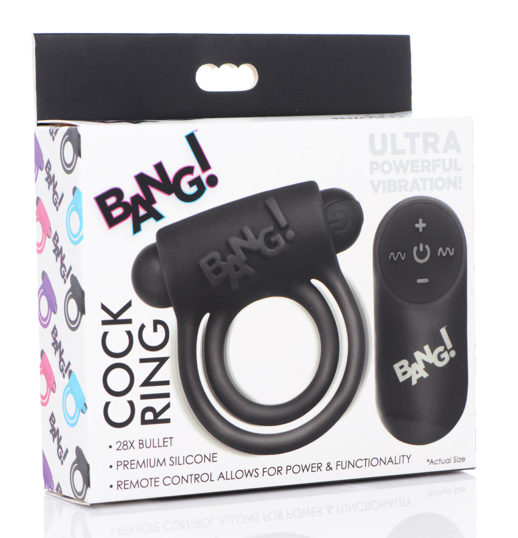 Bang! Remote Control 28X Vibrating Cock Ring and Bullet - Black Black