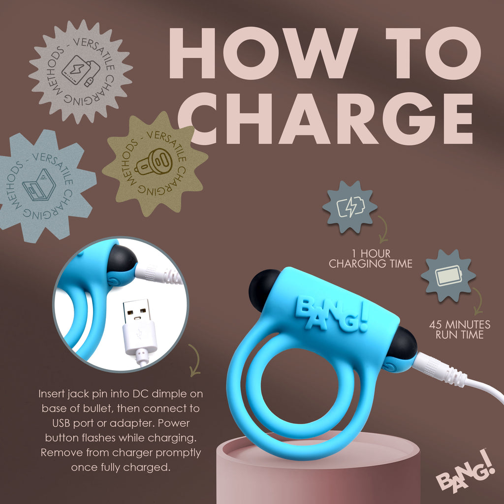 Bang! Remote Control 28X Vibrating Cock Ring and Bullet - Black Blue